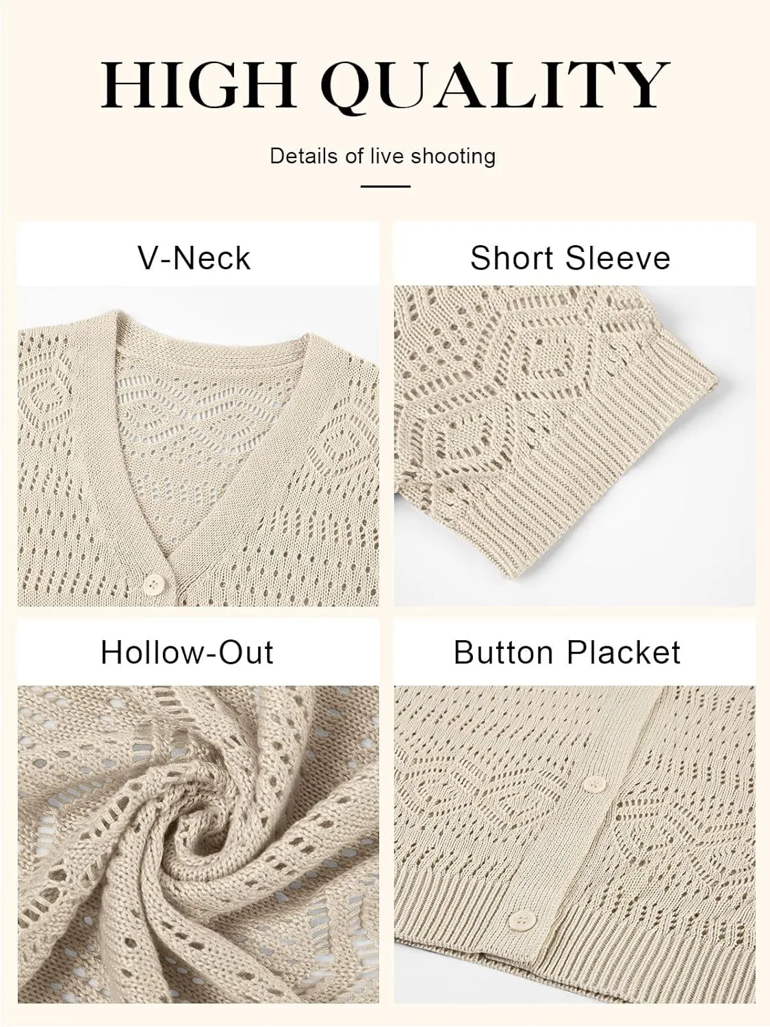 Women's Crochet Knit Open Front V-Neck Button Down Summer Short Sleeve Lightweight Cardigan Sweater