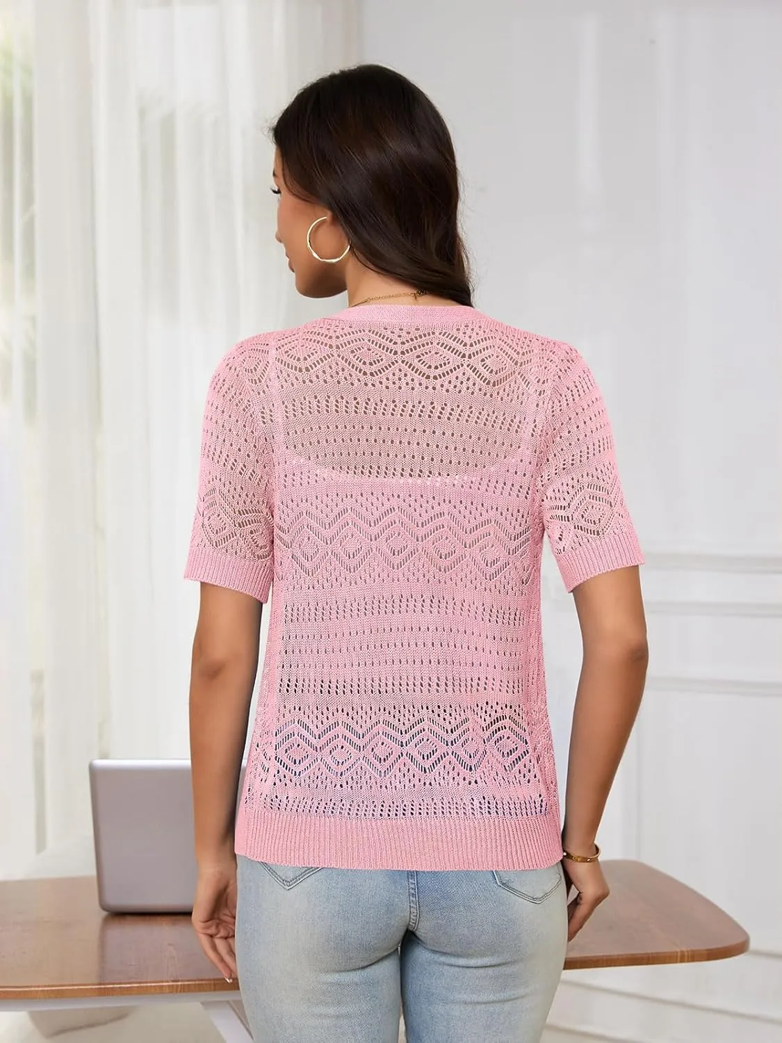Women's Crochet Knit Open Front V-Neck Button Down Summer Short Sleeve Lightweight Cardigan Sweater