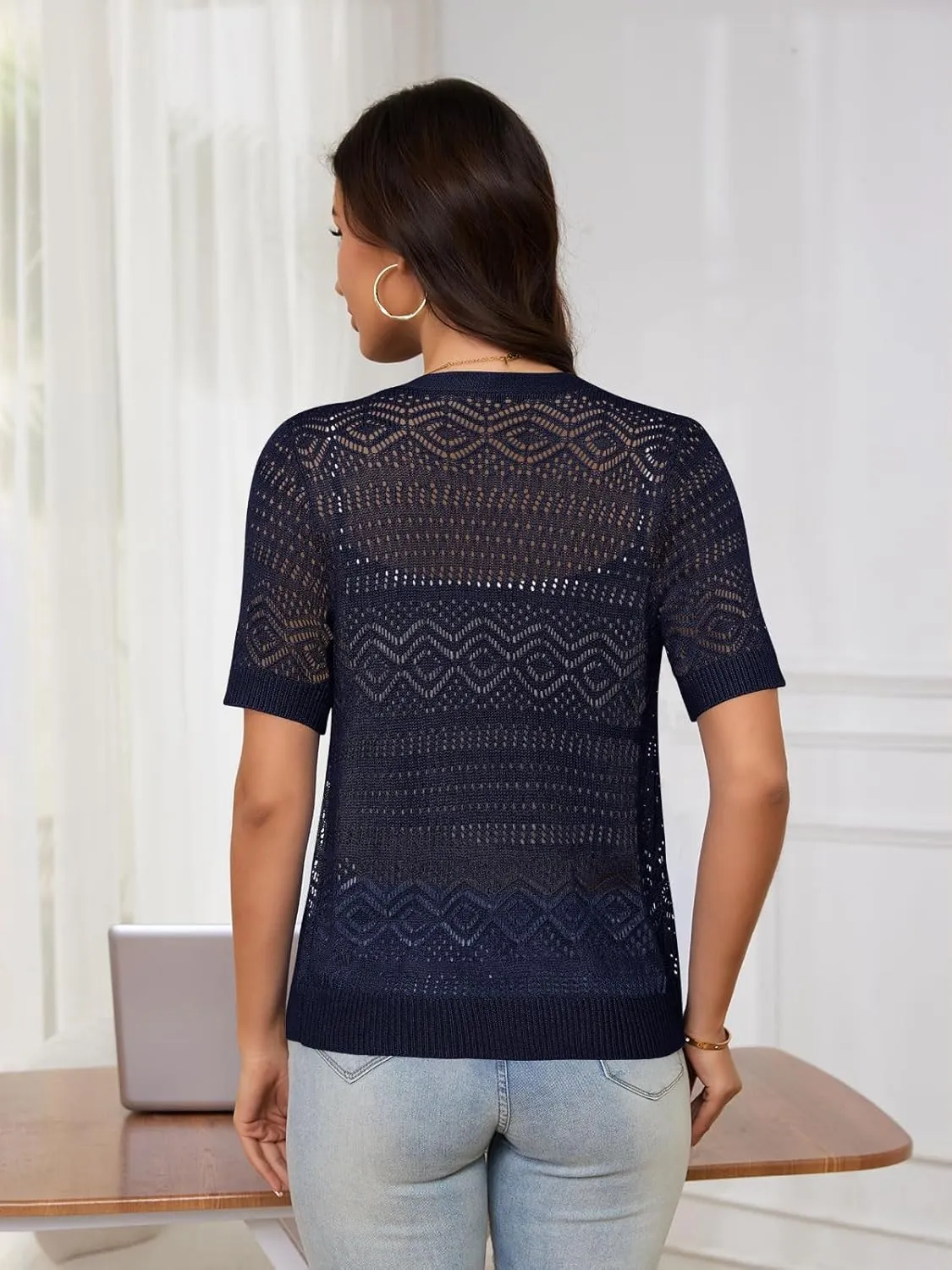 Women's Crochet Knit Open Front V-Neck Button Down Summer Short Sleeve Lightweight Cardigan Sweater
