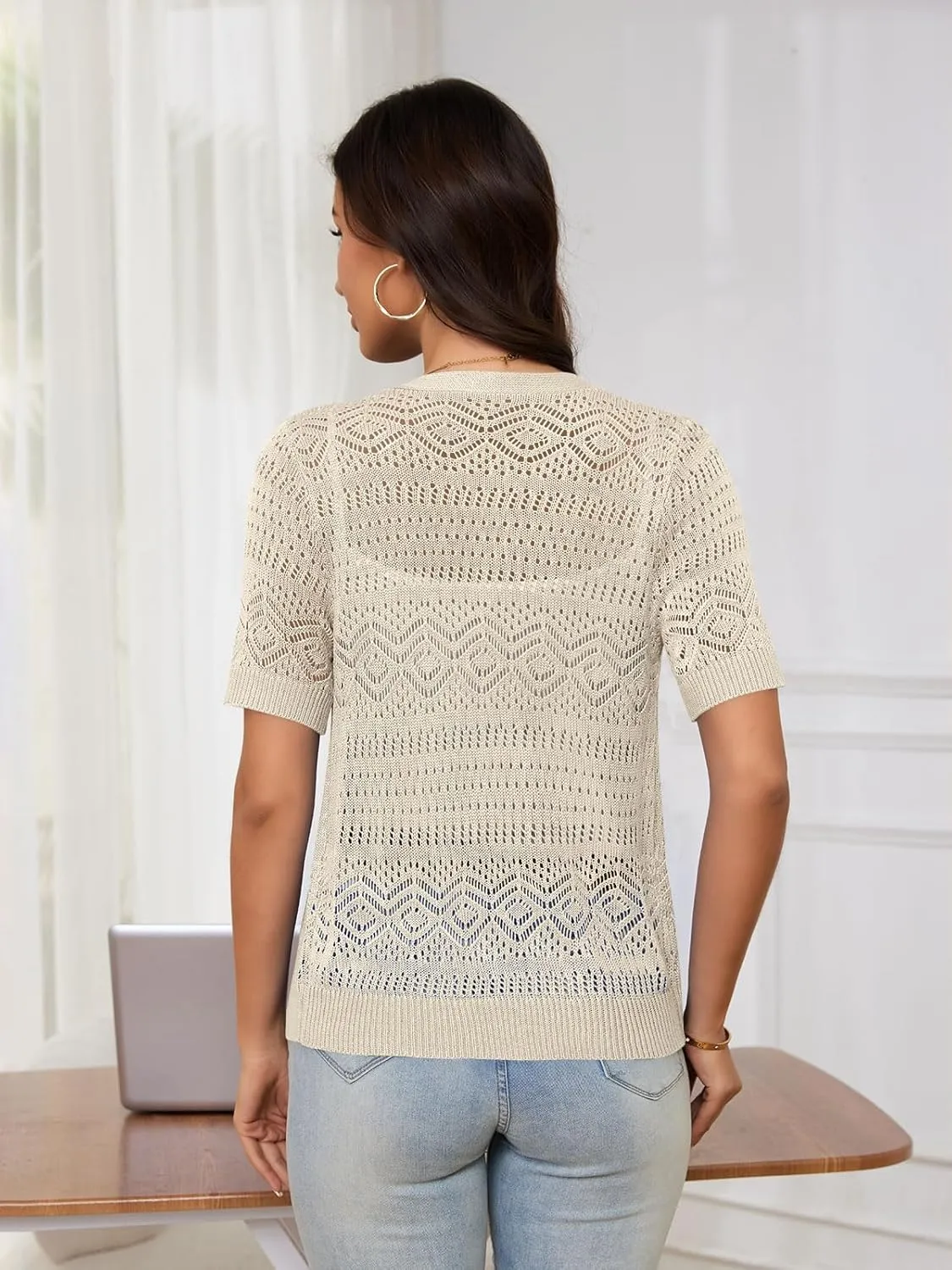 Women's Crochet Knit Open Front V-Neck Button Down Summer Short Sleeve Lightweight Cardigan Sweater