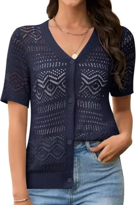 Women's Crochet Knit Open Front V-Neck Button Down Summer Short Sleeve Lightweight Cardigan Sweater