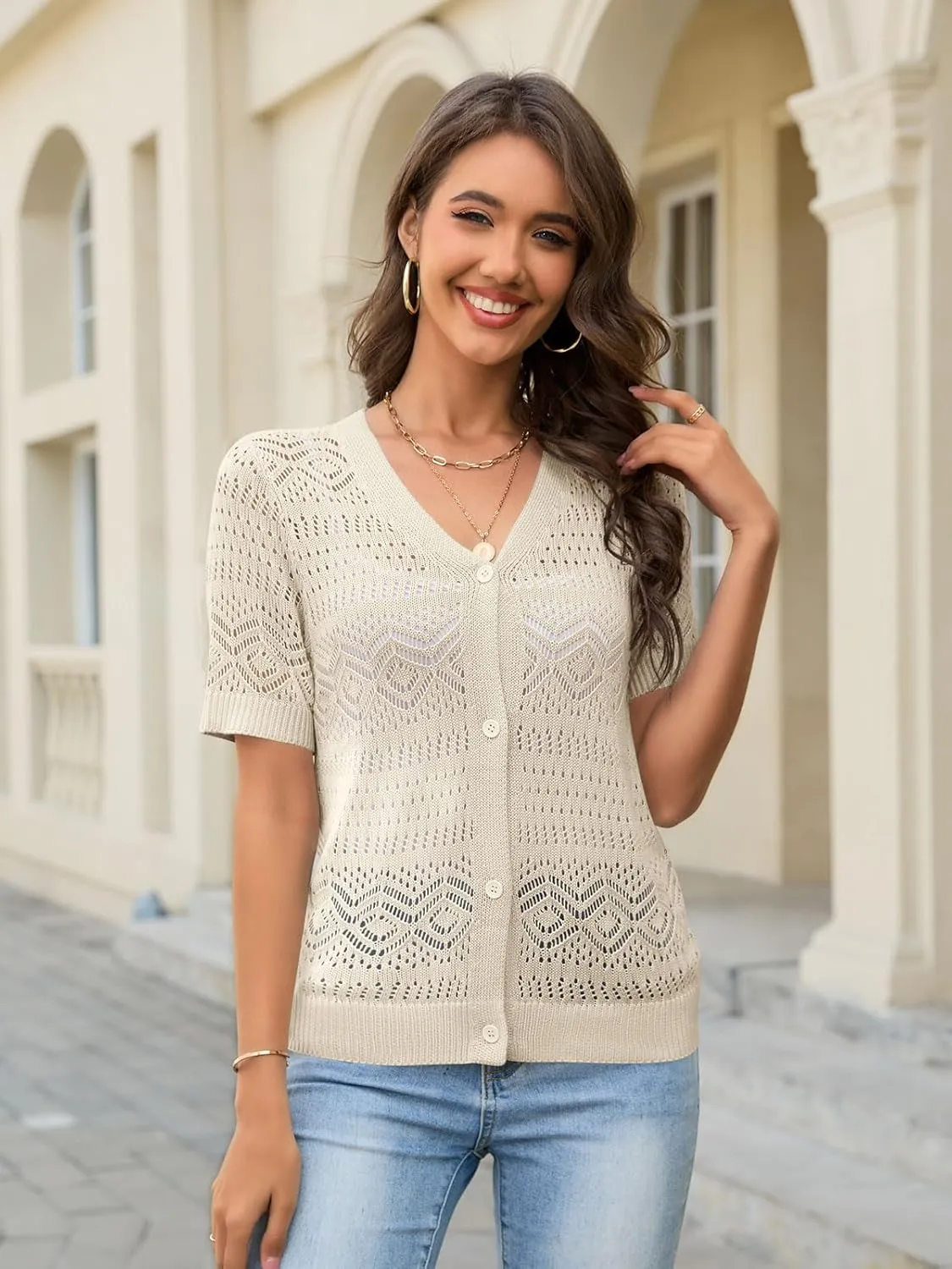 Women's Crochet Knit Open Front V-Neck Button Down Summer Short Sleeve Lightweight Cardigan Sweater