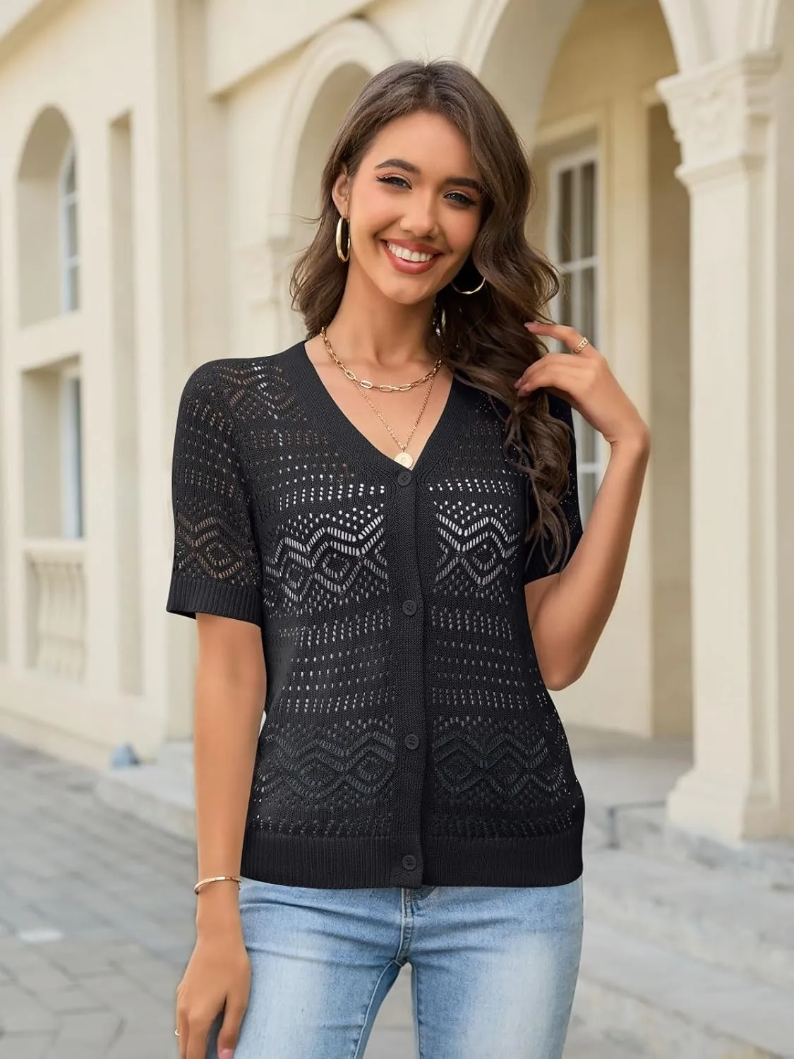Women's Crochet Knit Open Front V-Neck Button Down Summer Short Sleeve Lightweight Cardigan Sweater