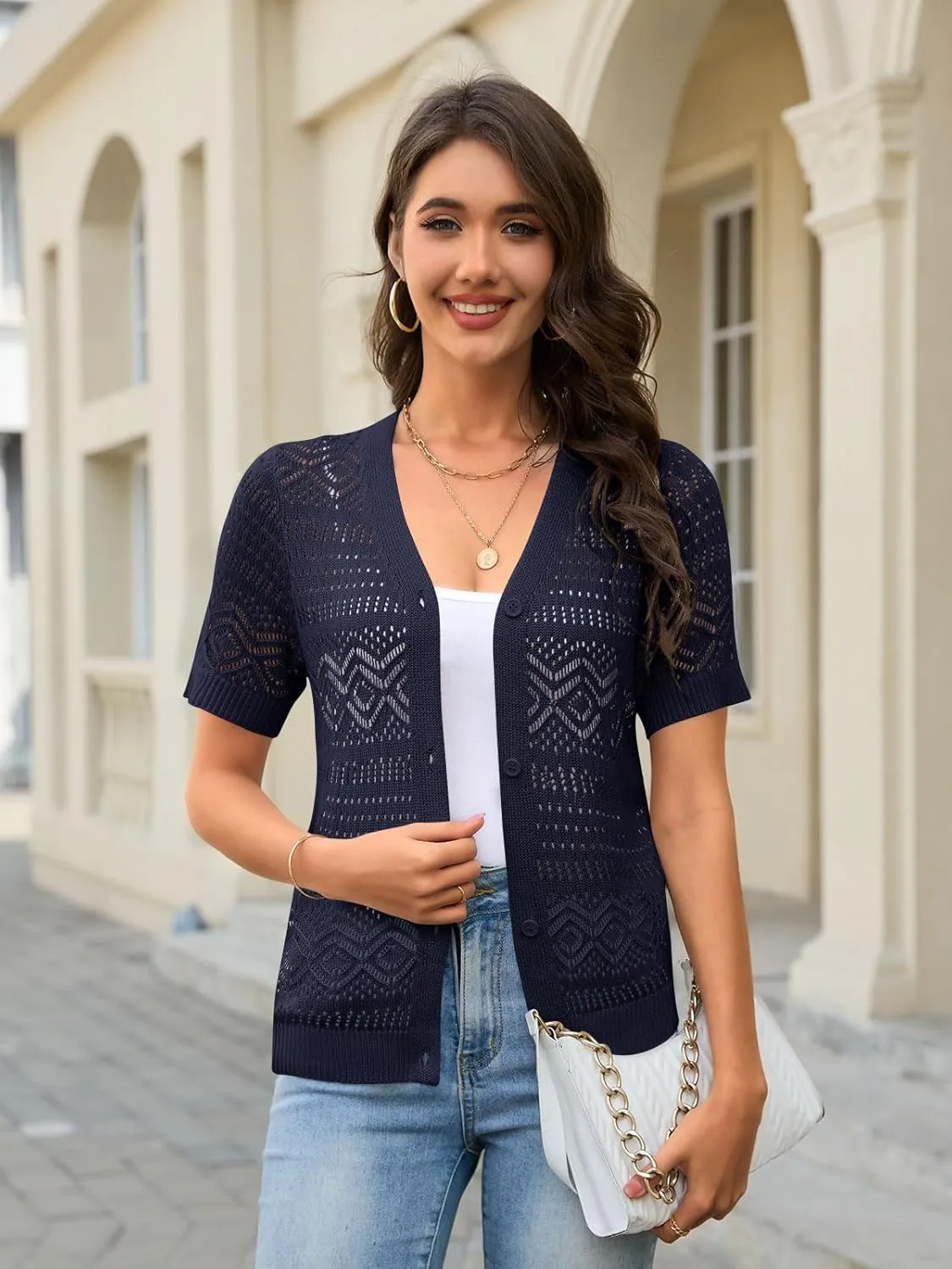 Women's Crochet Knit Open Front V-Neck Button Down Summer Short Sleeve Lightweight Cardigan Sweater