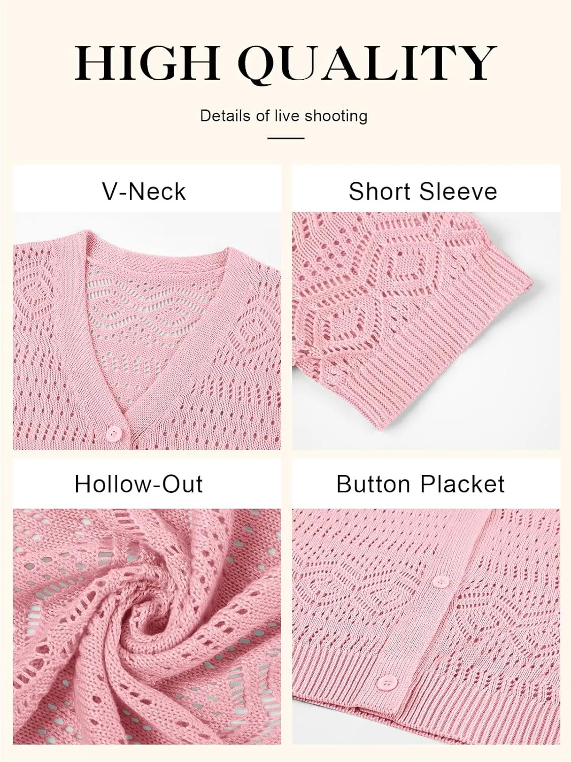 Women's Crochet Knit Open Front V-Neck Button Down Summer Short Sleeve Lightweight Cardigan Sweater
