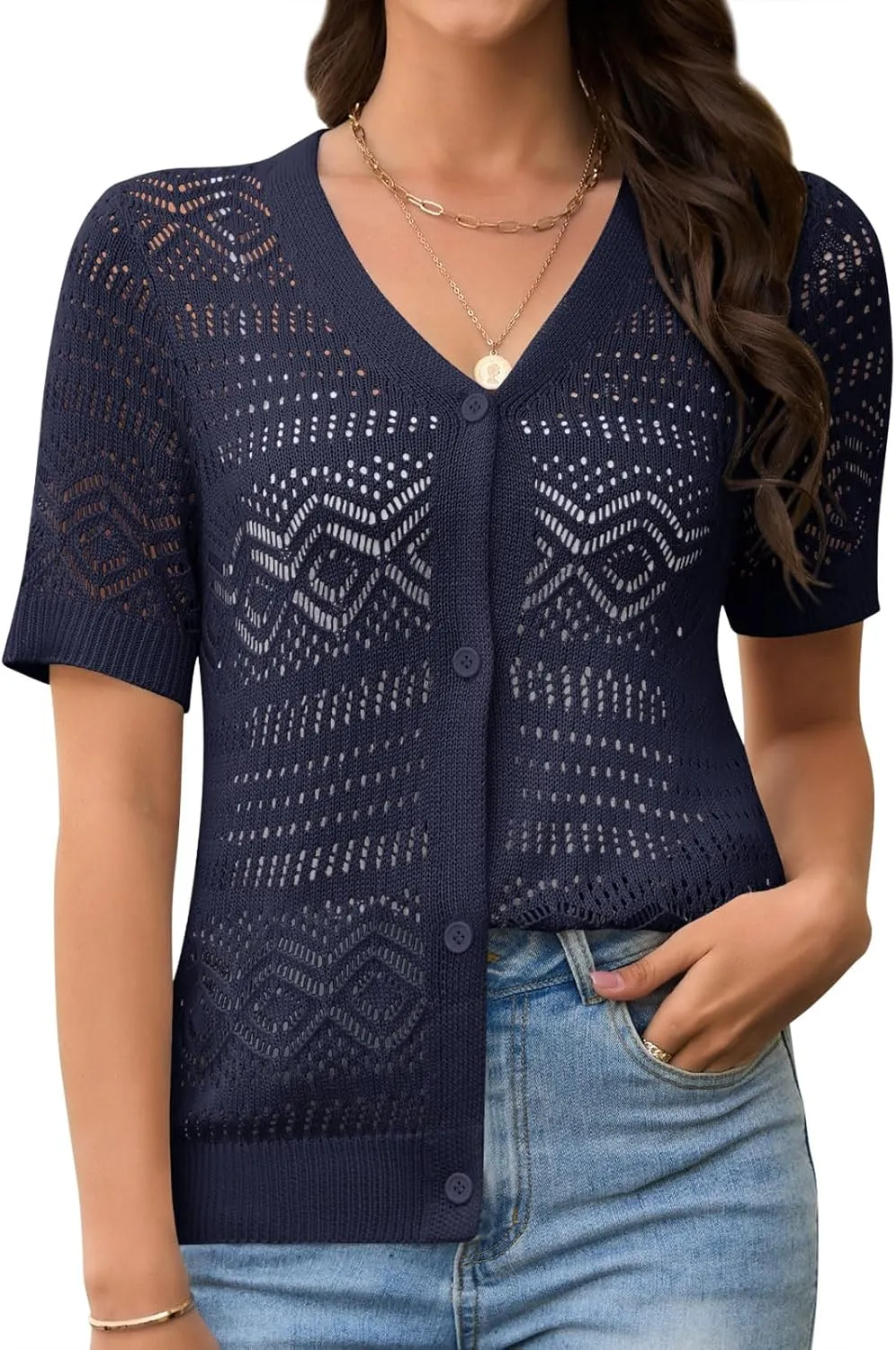 Women's Crochet Knit Open Front V-Neck Button Down Summer Short Sleeve Lightweight Cardigan Sweater