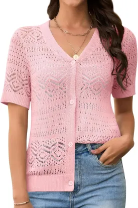 Women's Crochet Knit Open Front V-Neck Button Down Summer Short Sleeve Lightweight Cardigan Sweater