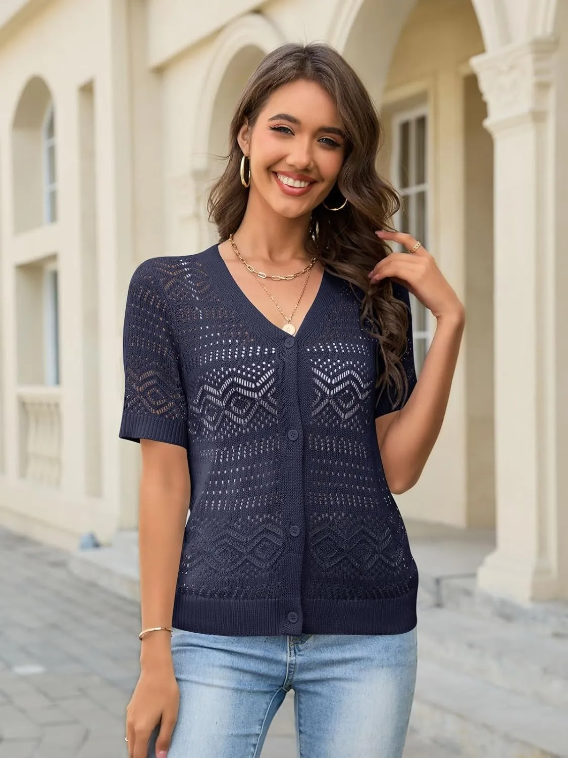 Women's Crochet Knit Open Front V-Neck Button Down Summer Short Sleeve Lightweight Cardigan Sweater
