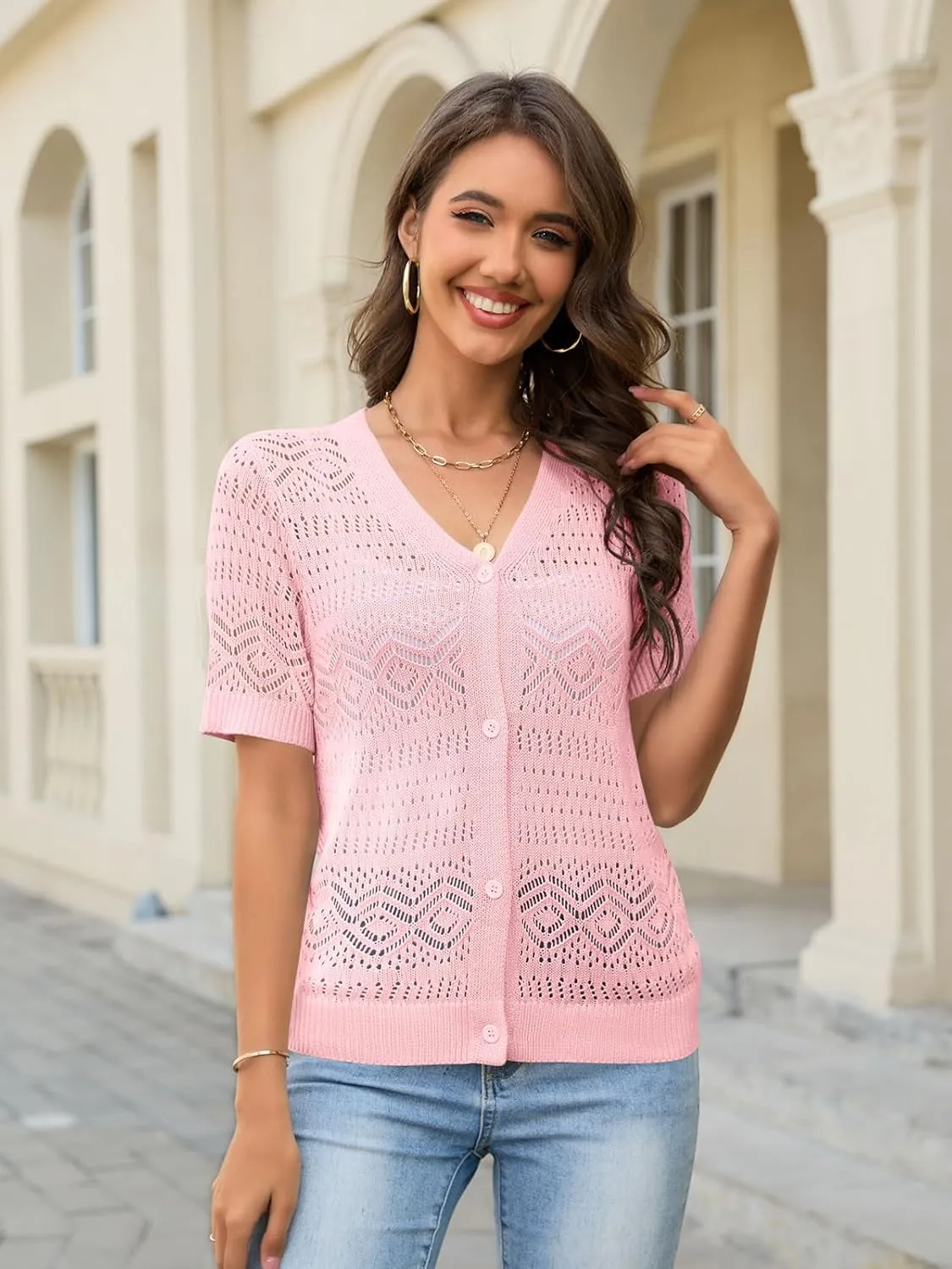 Women's Crochet Knit Open Front V-Neck Button Down Summer Short Sleeve Lightweight Cardigan Sweater