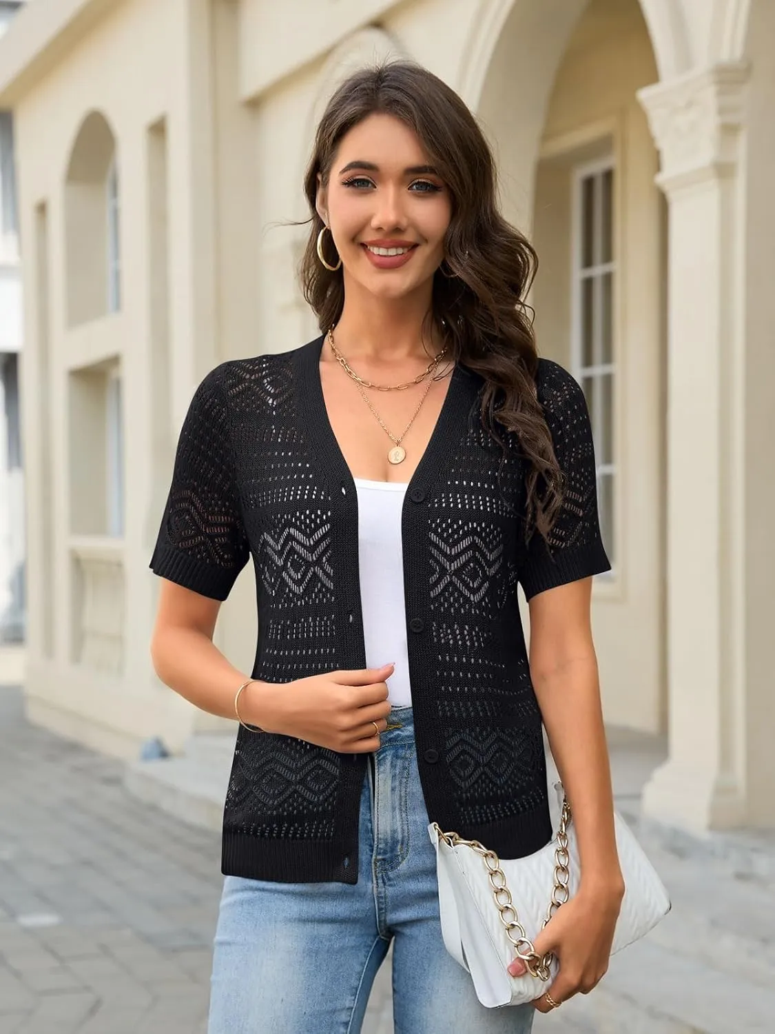 Women's Crochet Knit Open Front V-Neck Button Down Summer Short Sleeve Lightweight Cardigan Sweater