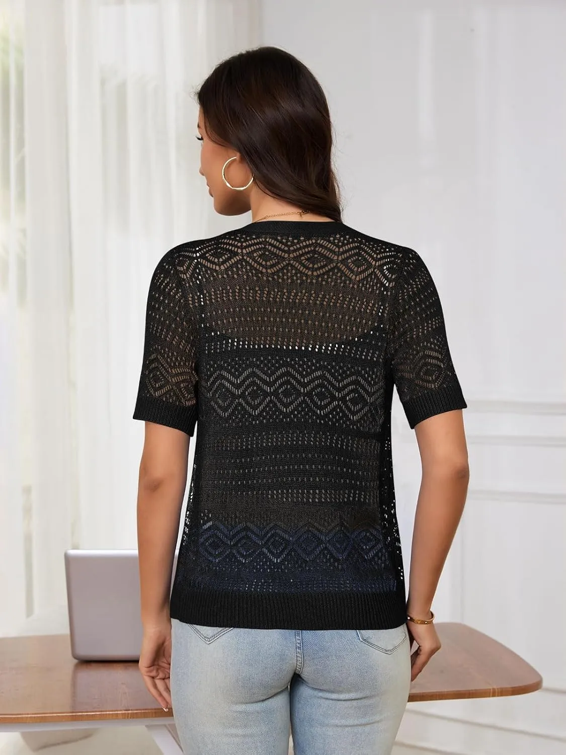 Women's Crochet Knit Open Front V-Neck Button Down Summer Short Sleeve Lightweight Cardigan Sweater