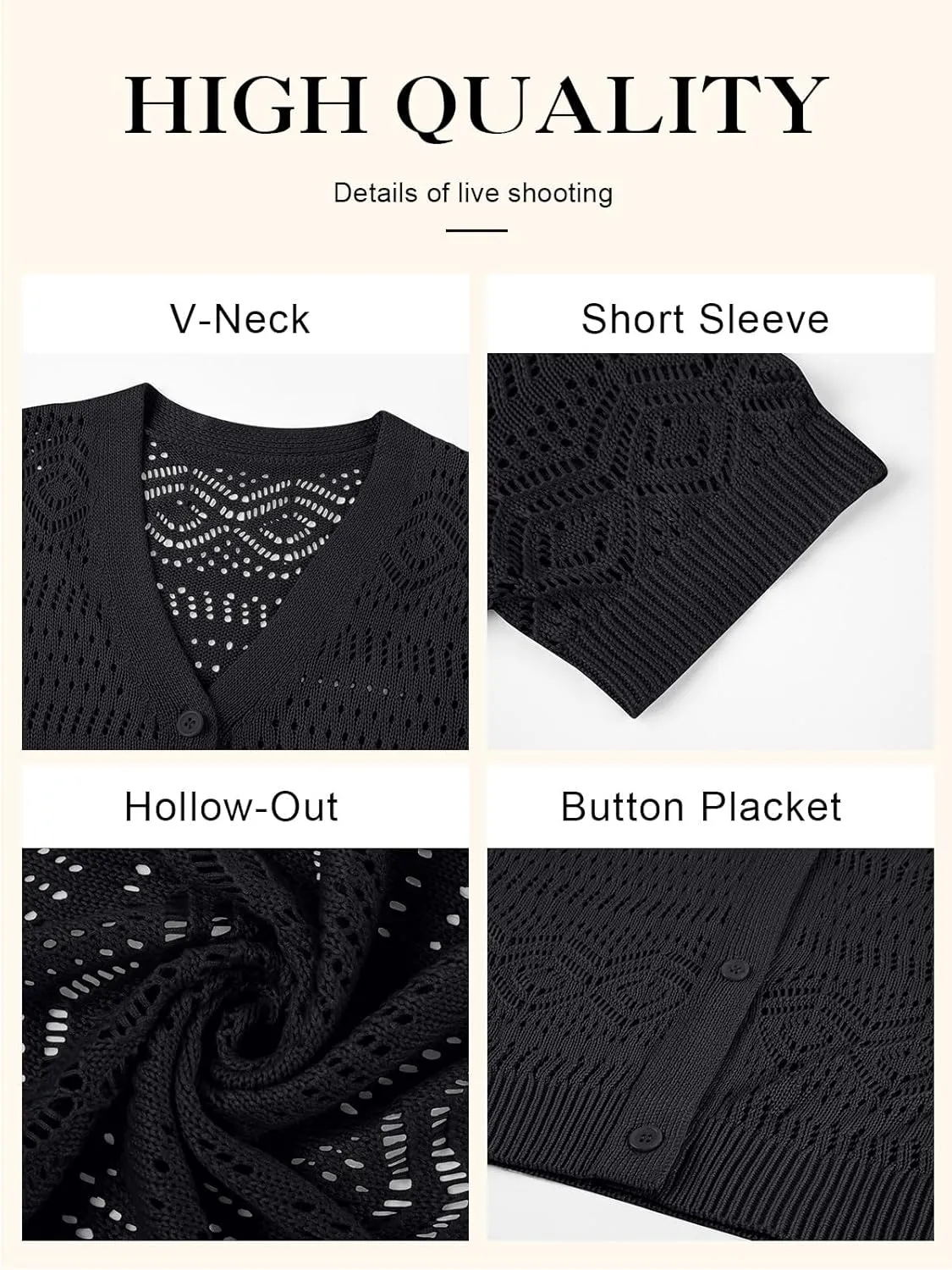 Women's Crochet Knit Open Front V-Neck Button Down Summer Short Sleeve Lightweight Cardigan Sweater