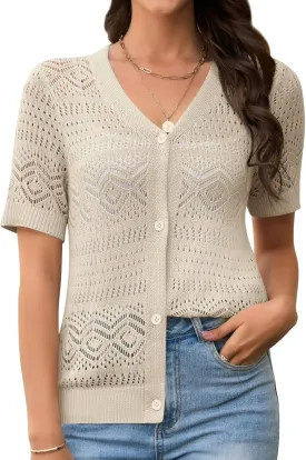 Women's Crochet Knit Open Front V-Neck Button Down Summer Short Sleeve Lightweight Cardigan Sweater