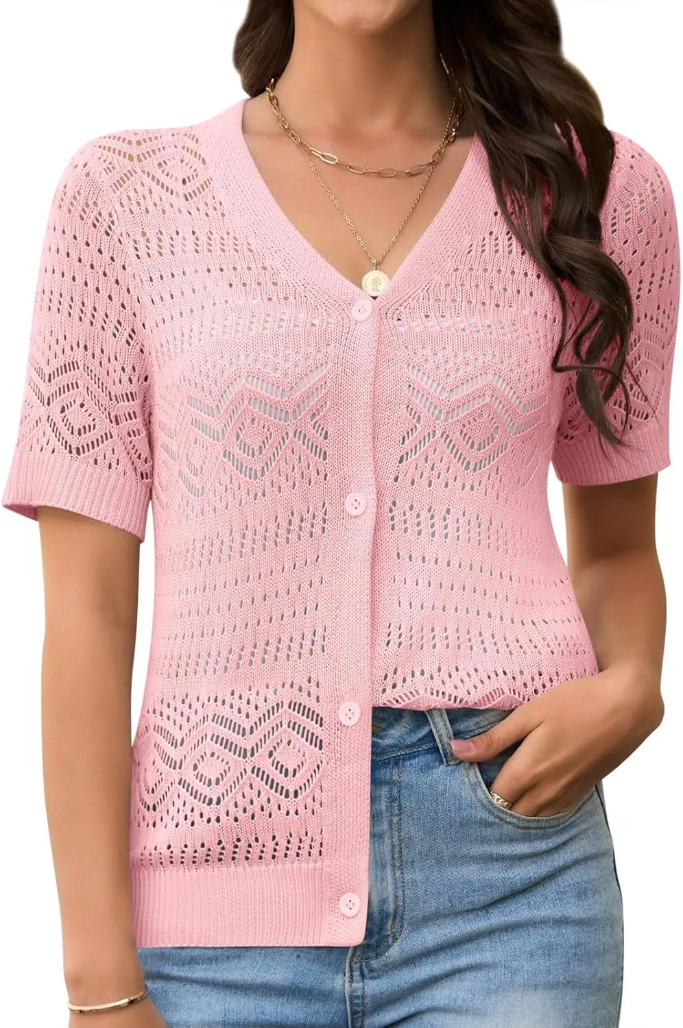Women's Crochet Knit Open Front V-Neck Button Down Summer Short Sleeve Lightweight Cardigan Sweater