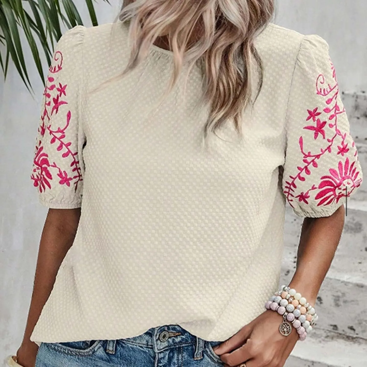 Womens Embroidered Puff Short Sleeve Tops Dressy Casual Crewneck Shirts Loose Textured Floral Embroidery Blouses