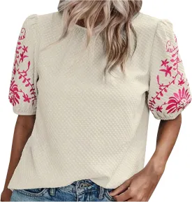 Womens Embroidered Puff Short Sleeve Tops Dressy Casual Crewneck Shirts Loose Textured Floral Embroidery Blouses