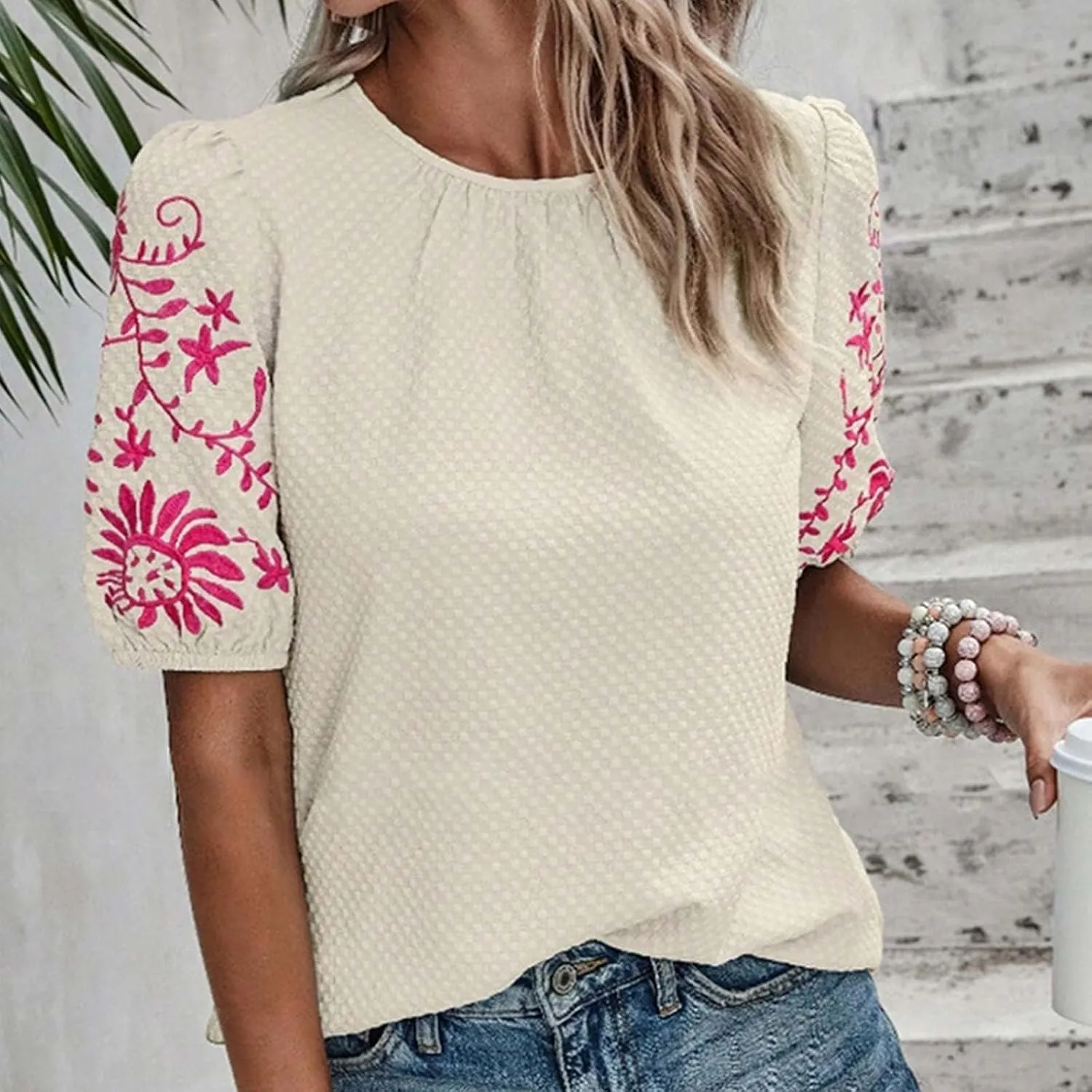 Womens Embroidered Puff Short Sleeve Tops Dressy Casual Crewneck Shirts Loose Textured Floral Embroidery Blouses