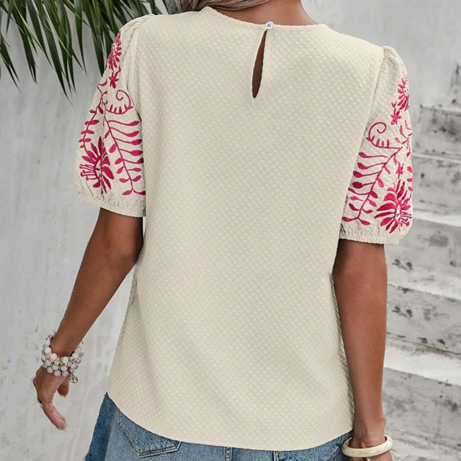 Womens Embroidered Puff Short Sleeve Tops Dressy Casual Crewneck Shirts Loose Textured Floral Embroidery Blouses