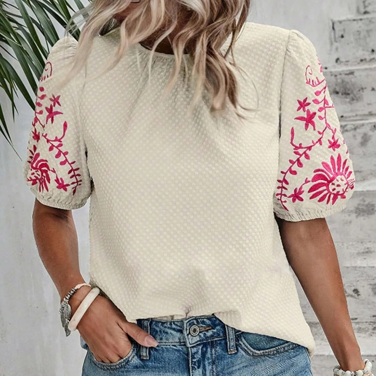 Womens Embroidered Puff Short Sleeve Tops Dressy Casual Crewneck Shirts Loose Textured Floral Embroidery Blouses
