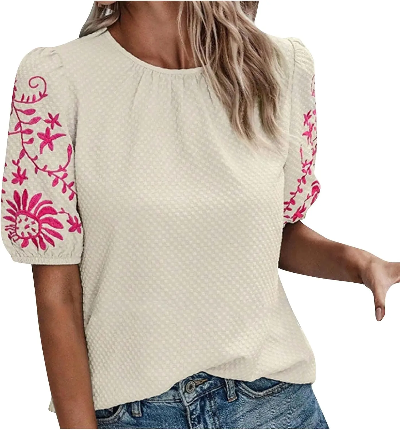 Womens Embroidered Puff Short Sleeve Tops Dressy Casual Crewneck Shirts Loose Textured Floral Embroidery Blouses