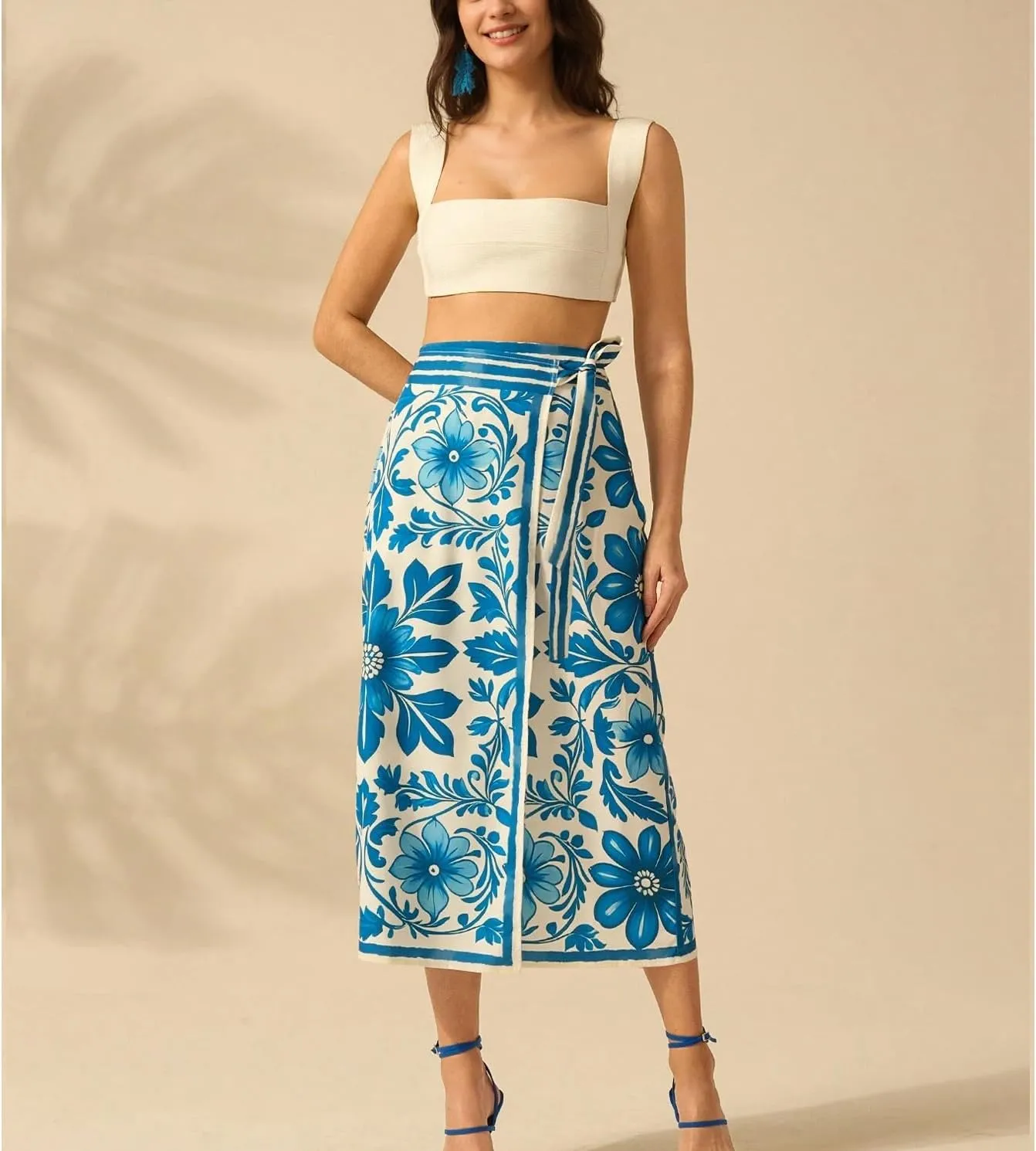 Womens Floral Wrap Midi Skirt Summer Adjustable Tie Side Casual High Waist A Line Beach Boho Long Flared Skirts