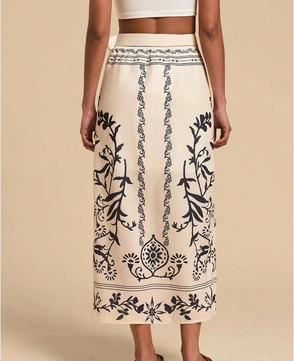Womens Floral Wrap Midi Skirt Summer Adjustable Tie Side Casual High Waist A Line Beach Boho Long Flared Skirts