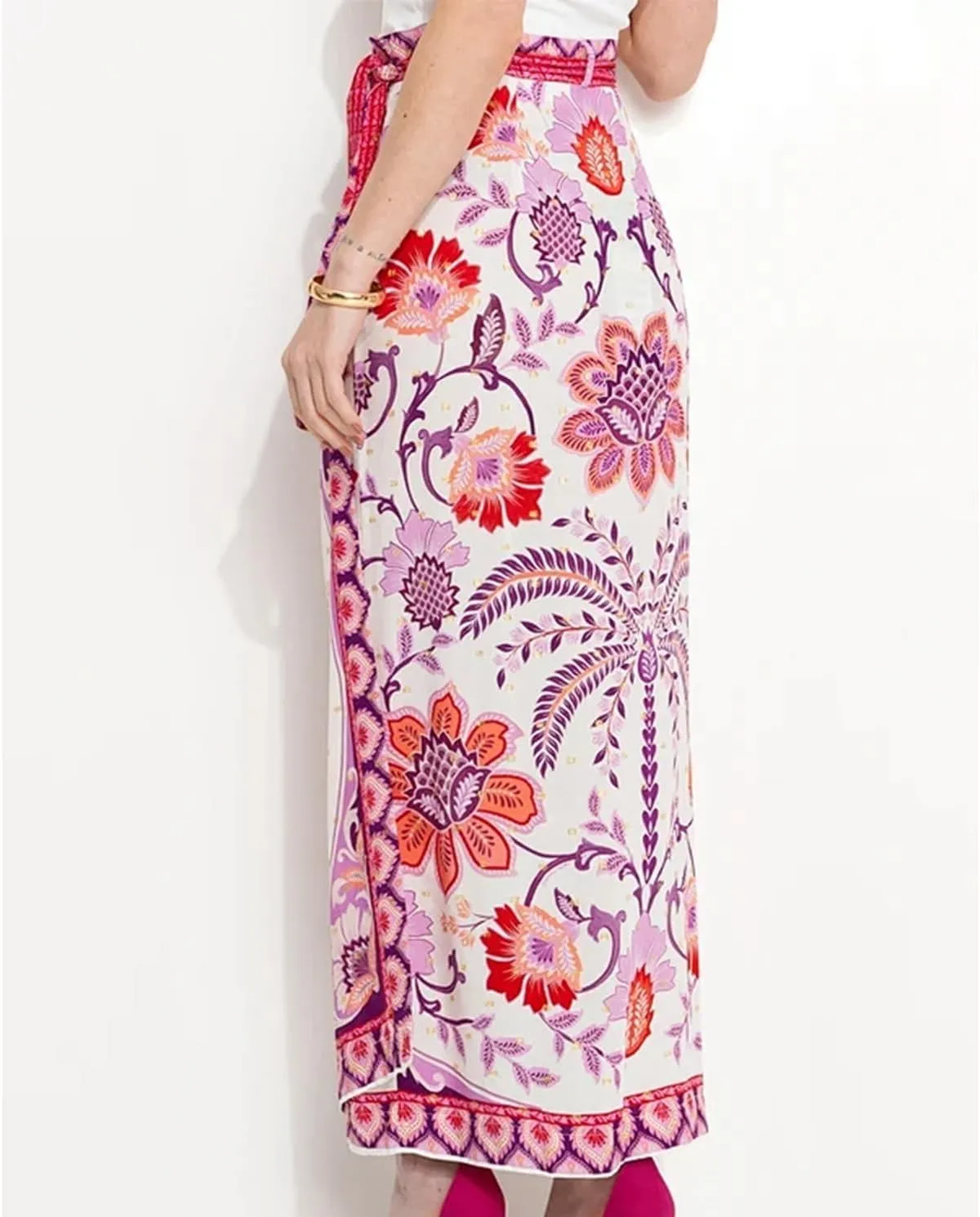 Womens Floral Wrap Midi Skirt Summer Adjustable Tie Side Casual High Waist A Line Beach Boho Long Flared Skirts