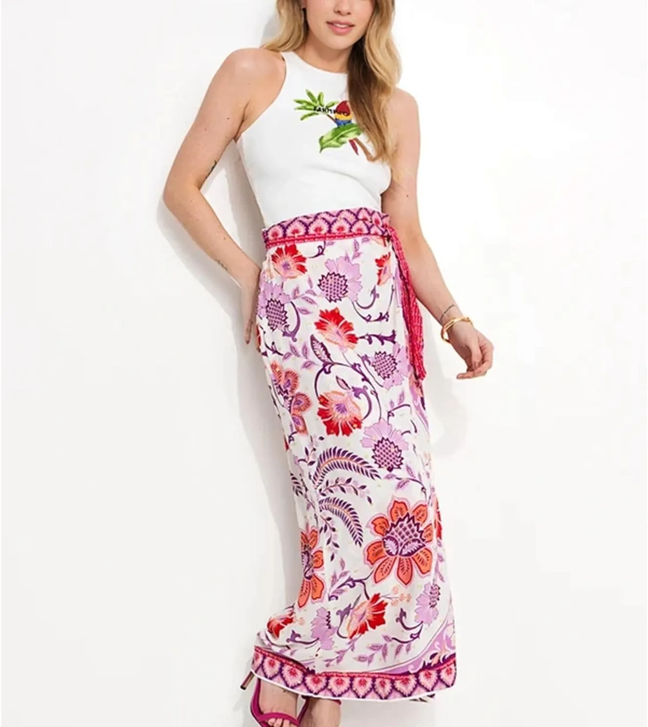 Womens Floral Wrap Midi Skirt Summer Adjustable Tie Side Casual High Waist A Line Beach Boho Long Flared Skirts