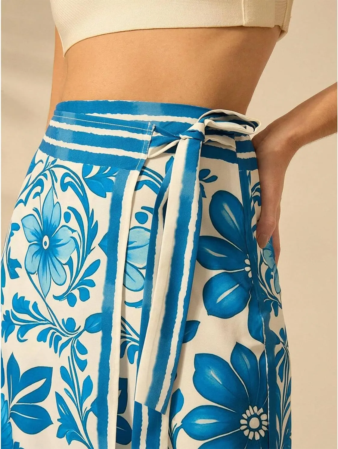 Womens Floral Wrap Midi Skirt Summer Adjustable Tie Side Casual High Waist A Line Beach Boho Long Flared Skirts