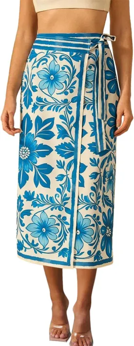 Womens Floral Wrap Midi Skirt Summer Adjustable Tie Side Casual High Waist A Line Beach Boho Long Flared Skirts