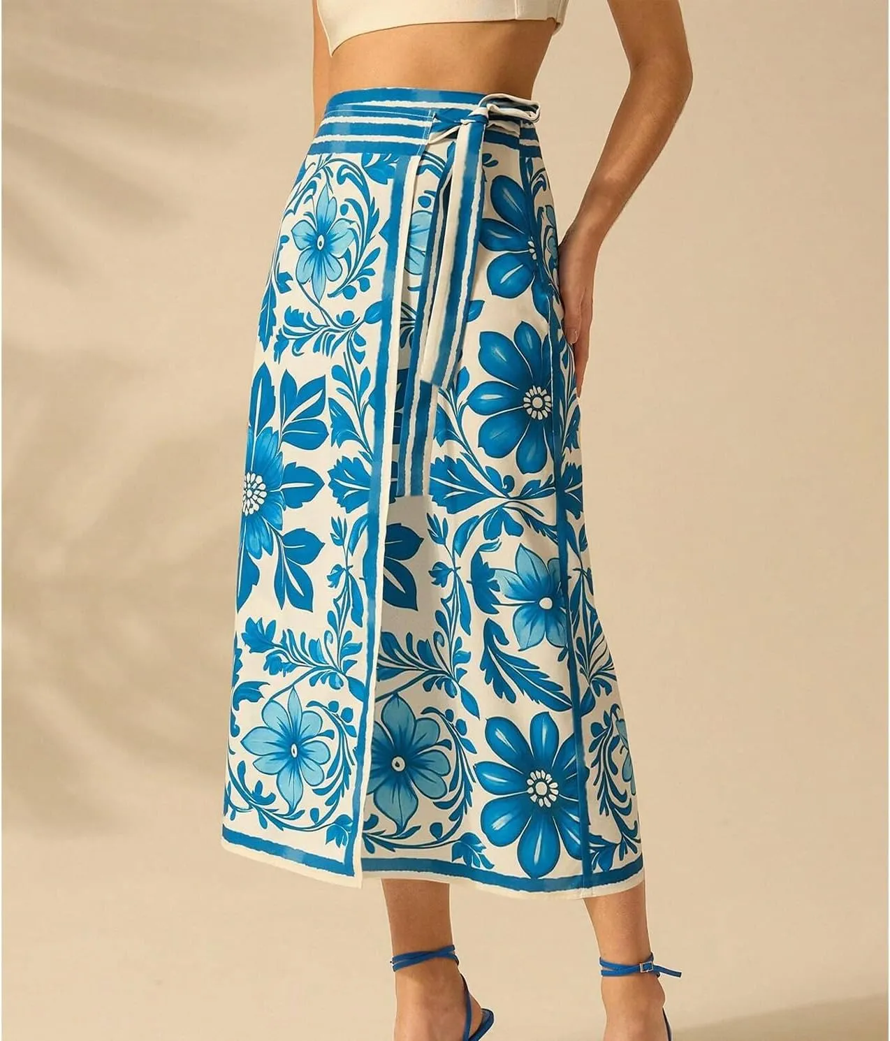 Womens Floral Wrap Midi Skirt Summer Adjustable Tie Side Casual High Waist A Line Beach Boho Long Flared Skirts