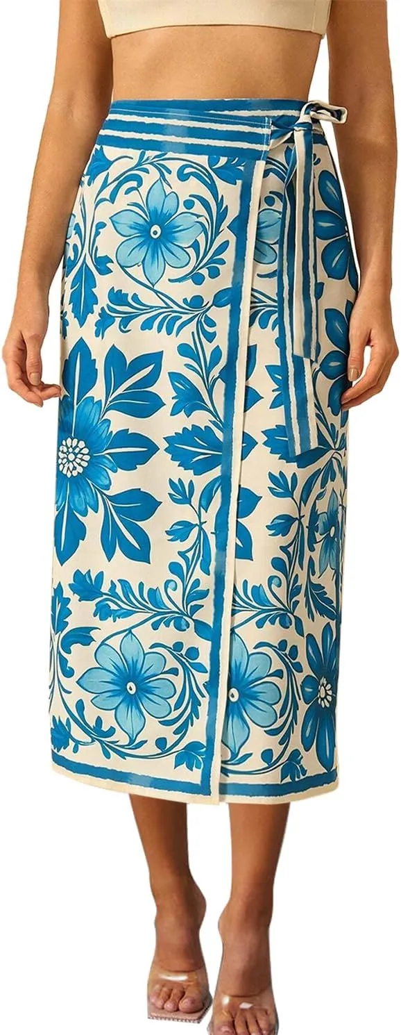 Womens Floral Wrap Midi Skirt Summer Adjustable Tie Side Casual High Waist A Line Beach Boho Long Flared Skirts