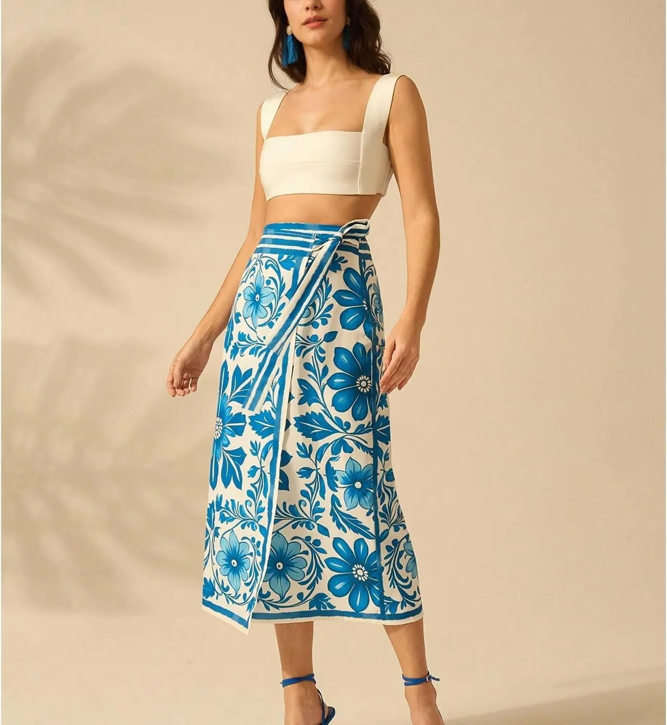 Womens Floral Wrap Midi Skirt Summer Adjustable Tie Side Casual High Waist A Line Beach Boho Long Flared Skirts