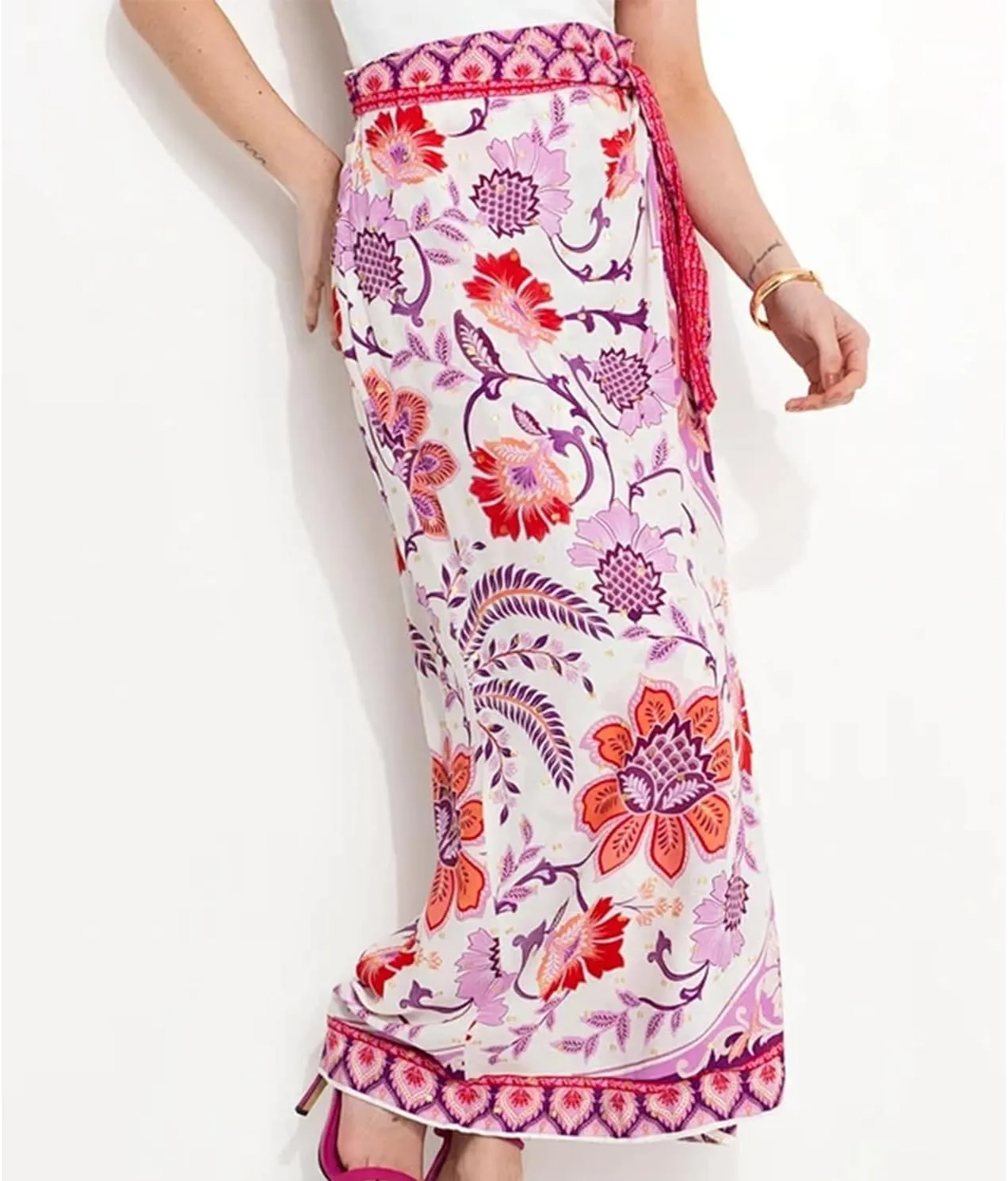 Womens Floral Wrap Midi Skirt Summer Adjustable Tie Side Casual High Waist A Line Beach Boho Long Flared Skirts