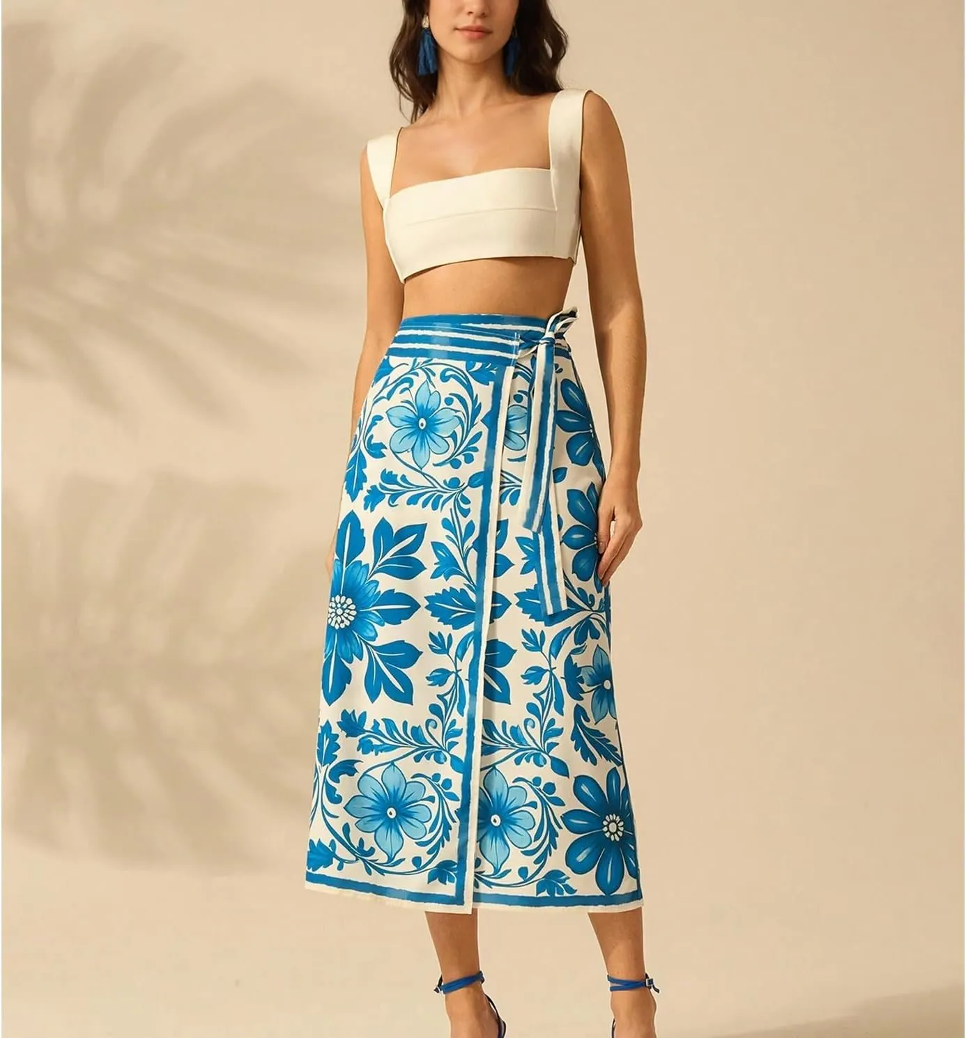 Womens Floral Wrap Midi Skirt Summer Adjustable Tie Side Casual High Waist A Line Beach Boho Long Flared Skirts