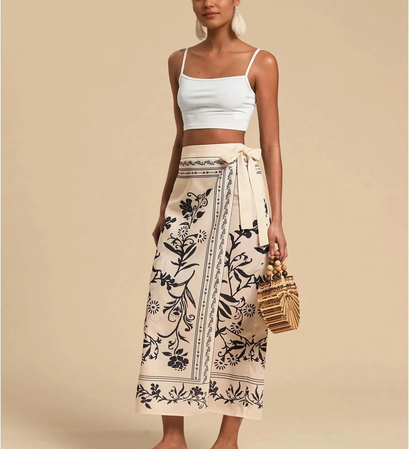 Womens Floral Wrap Midi Skirt Summer Adjustable Tie Side Casual High Waist A Line Beach Boho Long Flared Skirts