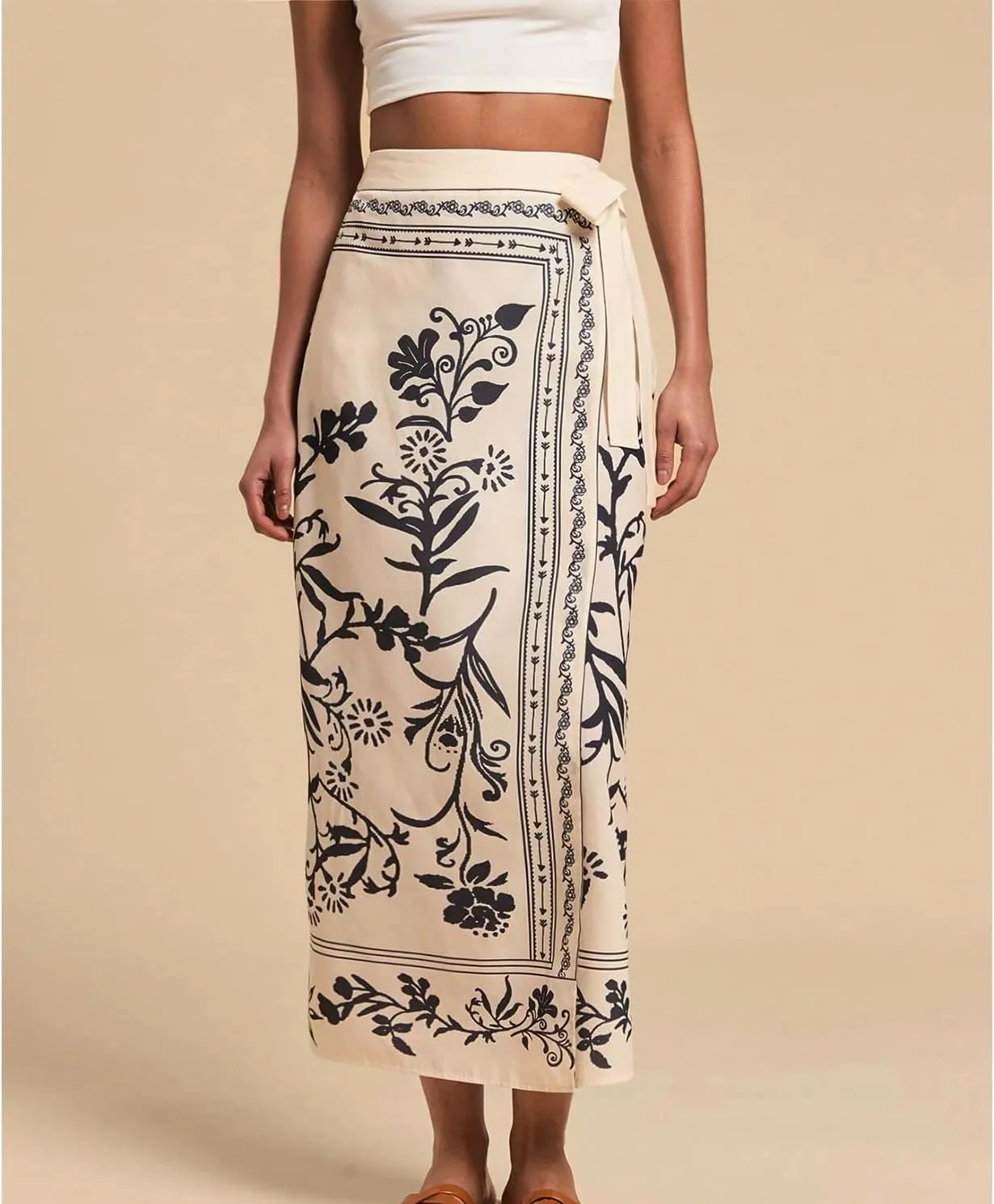 Womens Floral Wrap Midi Skirt Summer Adjustable Tie Side Casual High Waist A Line Beach Boho Long Flared Skirts