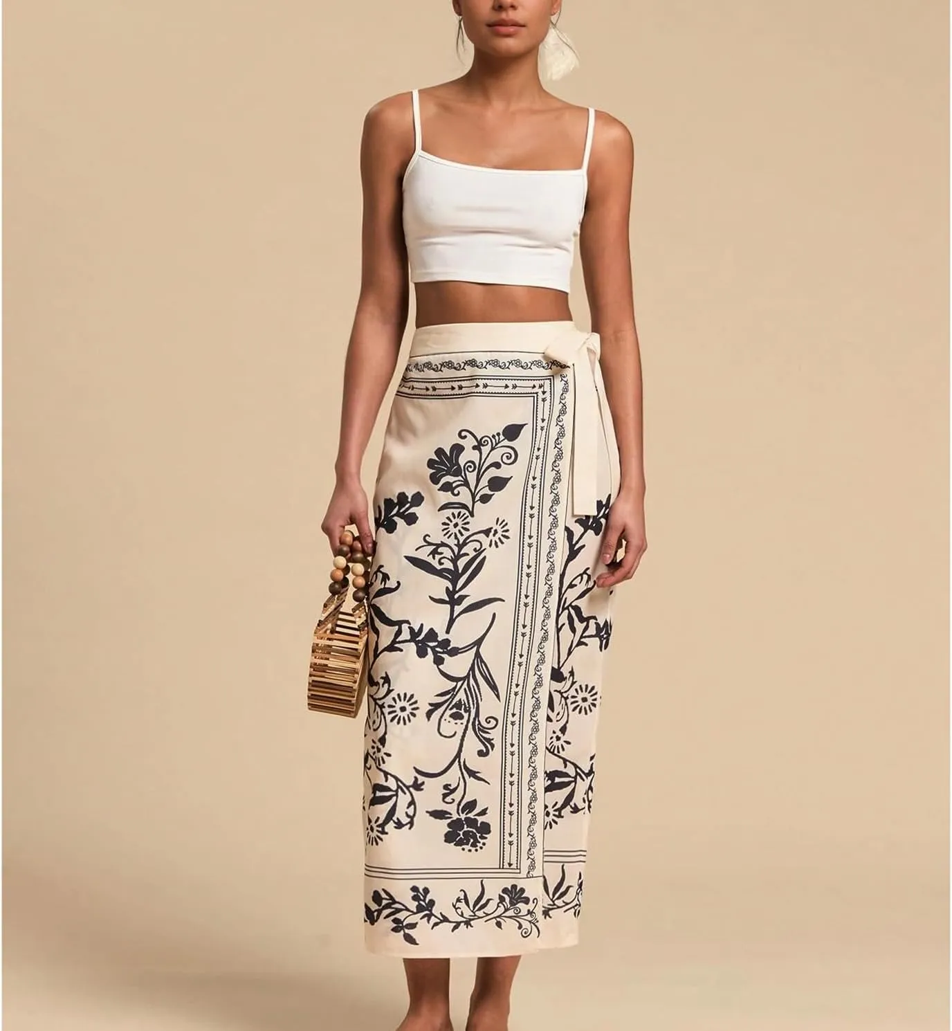 Womens Floral Wrap Midi Skirt Summer Adjustable Tie Side Casual High Waist A Line Beach Boho Long Flared Skirts