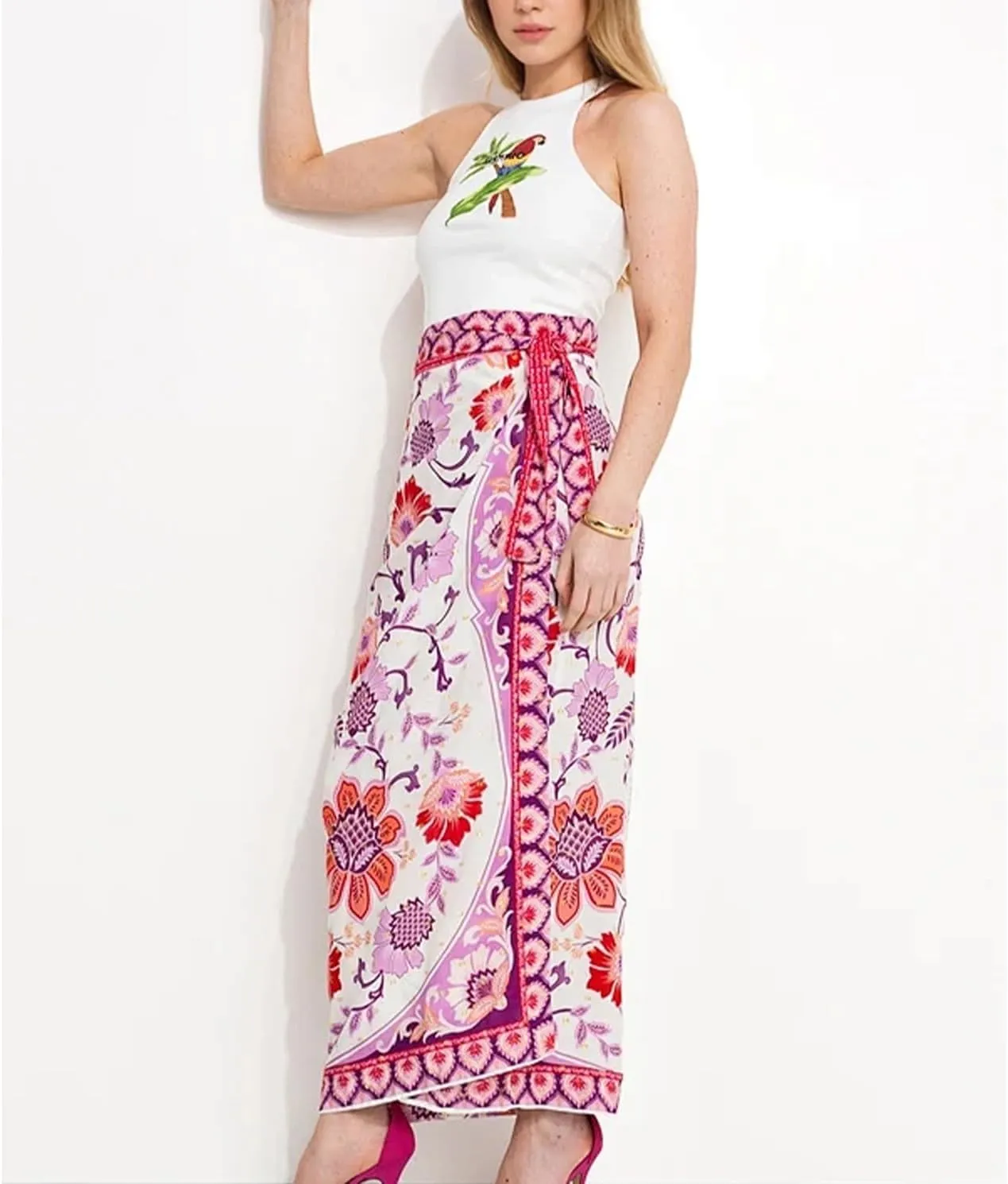 Womens Floral Wrap Midi Skirt Summer Adjustable Tie Side Casual High Waist A Line Beach Boho Long Flared Skirts