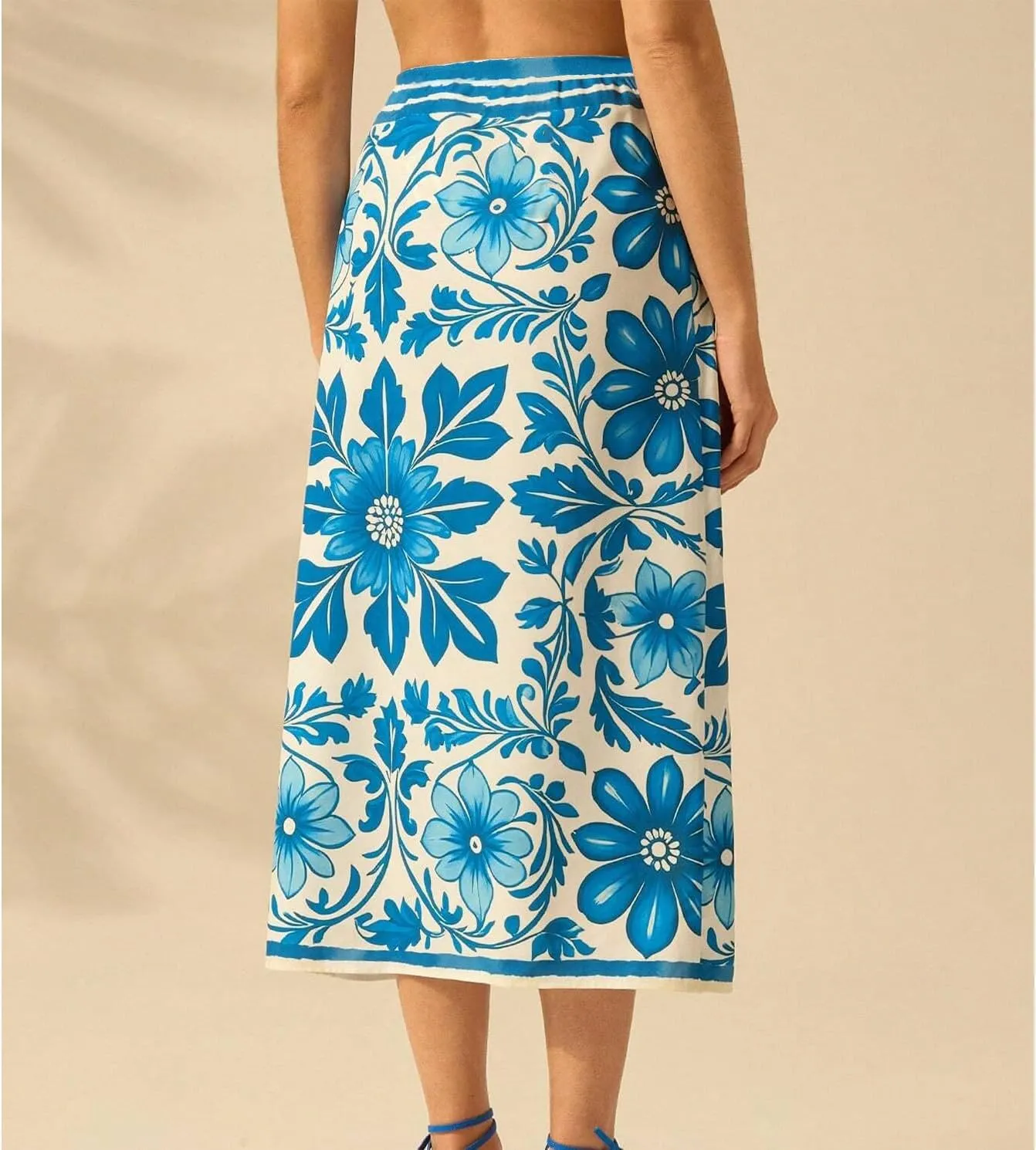 Womens Floral Wrap Midi Skirt Summer Adjustable Tie Side Casual High Waist A Line Beach Boho Long Flared Skirts
