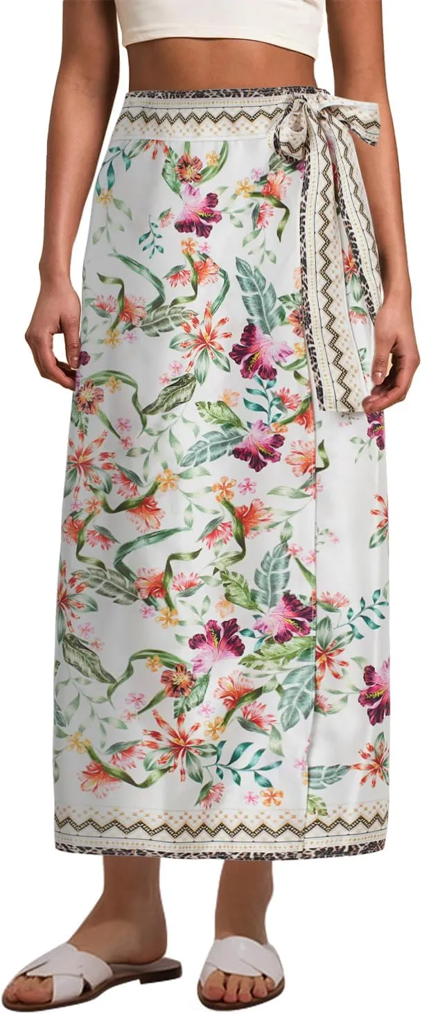 Womens Floral Wrap Midi Skirt Summer Adjustable Tie Side Casual High Waist A Line Beach Boho Long Flared Skirts