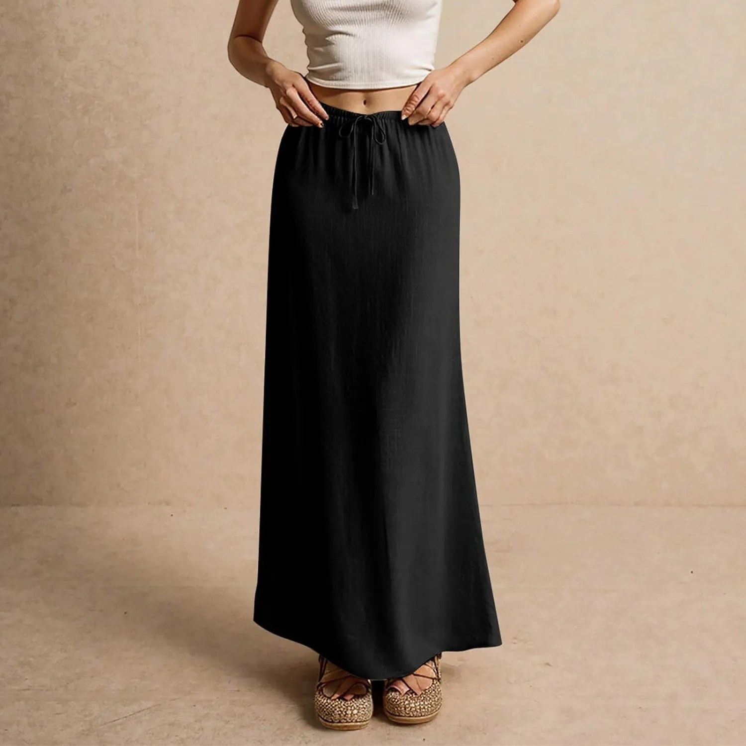 Womens Linen Maxi Skirts Summer Elastic Waist Drawstring A Line Long Flared Skirts Vacation Boho Flowy Skirt