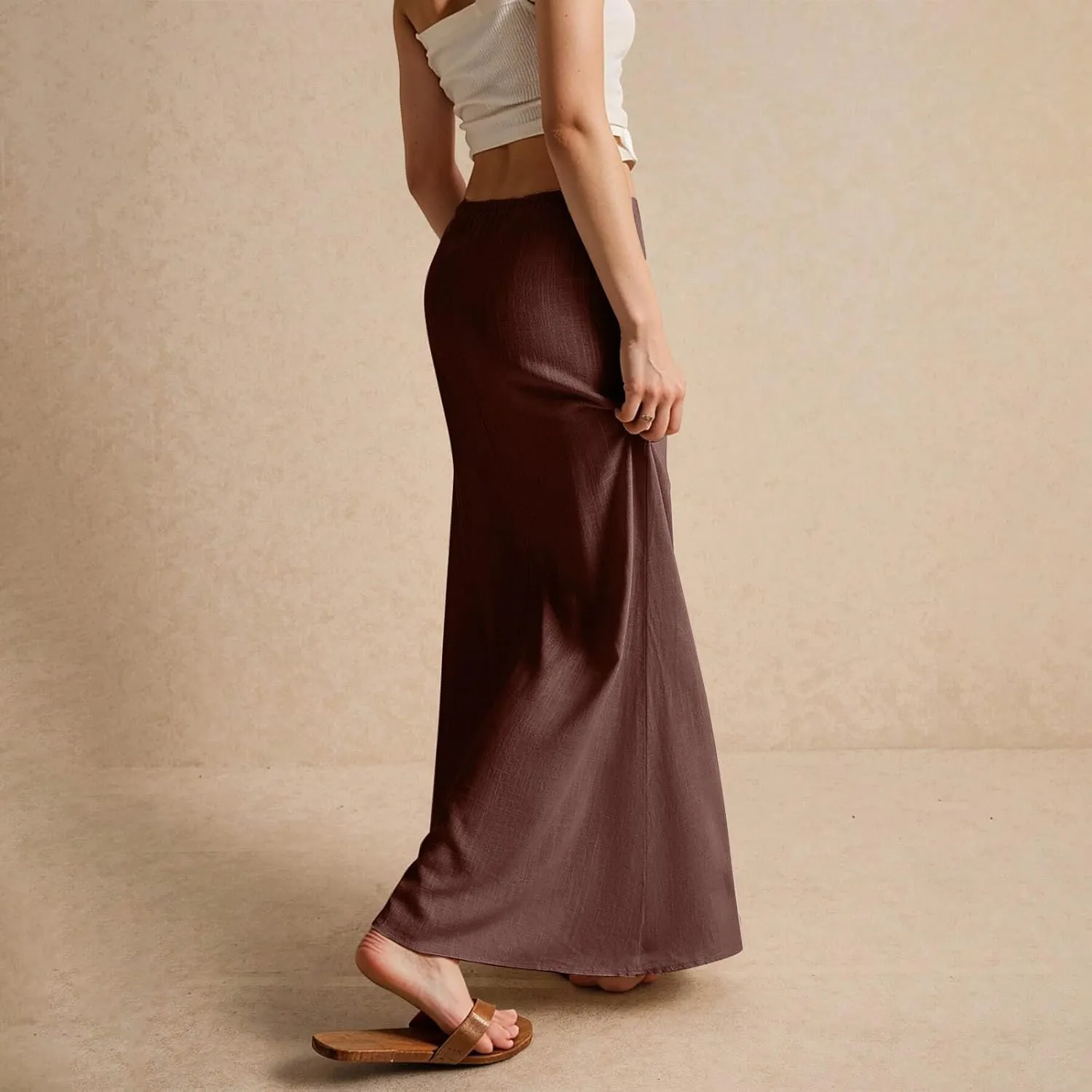 Womens Linen Maxi Skirts Summer Elastic Waist Drawstring A Line Long Flared Skirts Vacation Boho Flowy Skirt