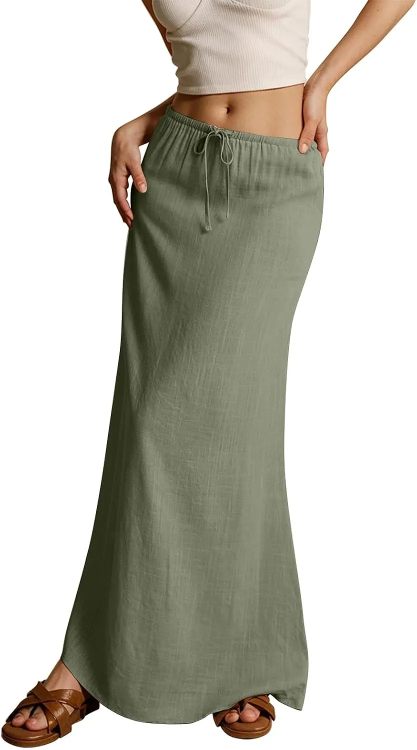 Womens Linen Maxi Skirts Summer Elastic Waist Drawstring A Line Long Flared Skirts Vacation Boho Flowy Skirt