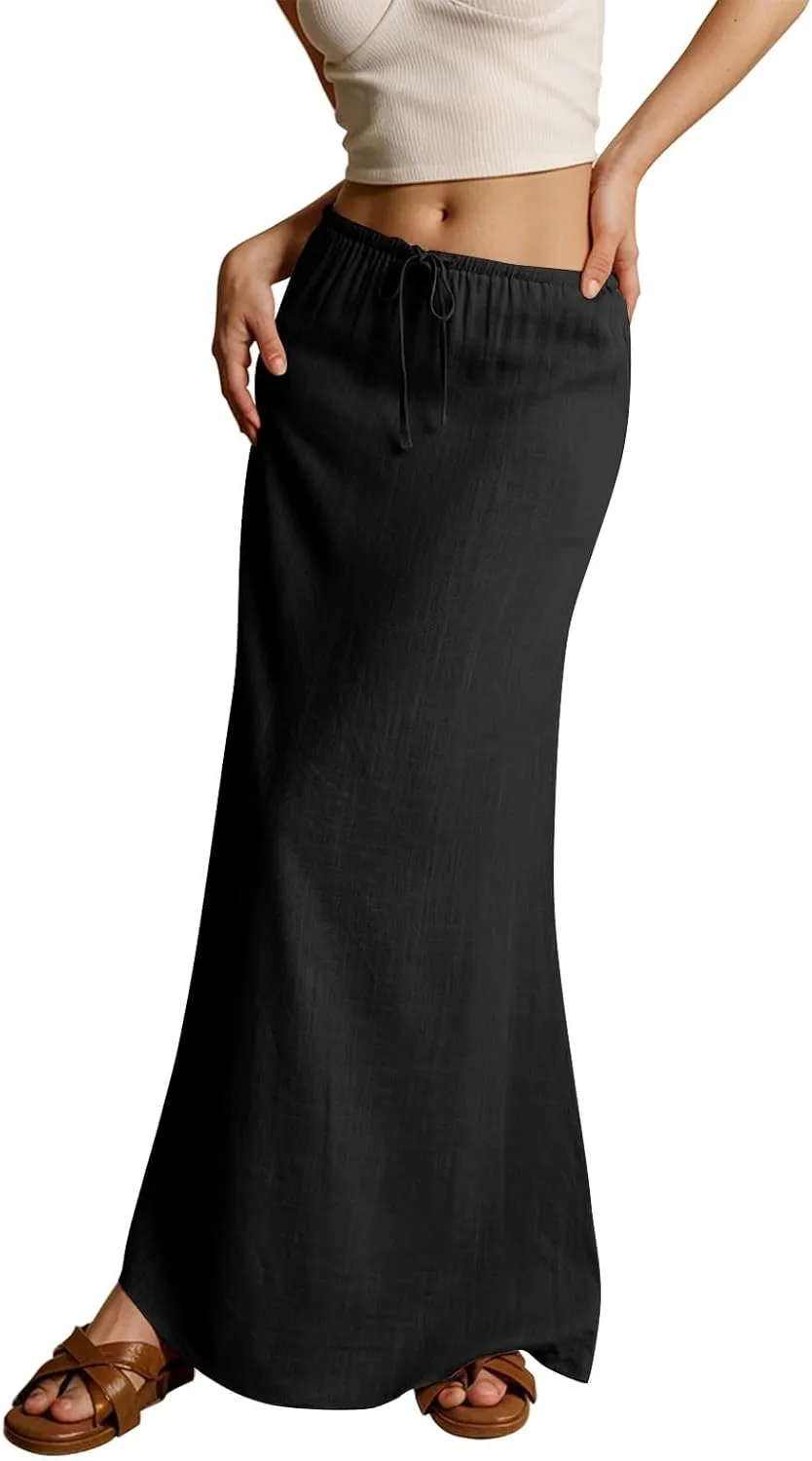 Womens Linen Maxi Skirts Summer Elastic Waist Drawstring A Line Long Flared Skirts Vacation Boho Flowy Skirt