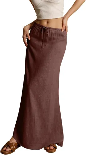 Womens Linen Maxi Skirts Summer Elastic Waist Drawstring A Line Long Flared Skirts Vacation Boho Flowy Skirt