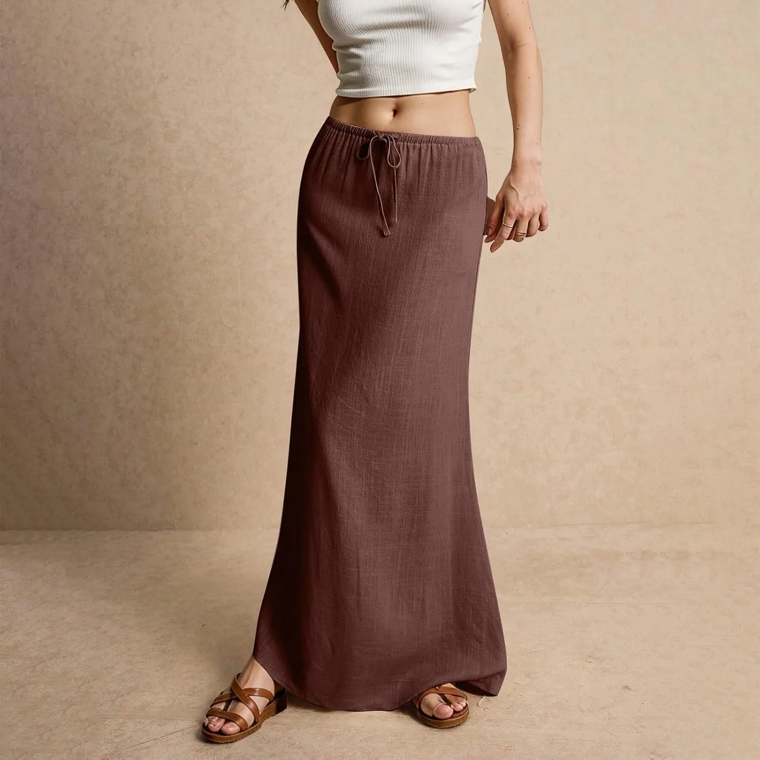 Womens Linen Maxi Skirts Summer Elastic Waist Drawstring A Line Long Flared Skirts Vacation Boho Flowy Skirt