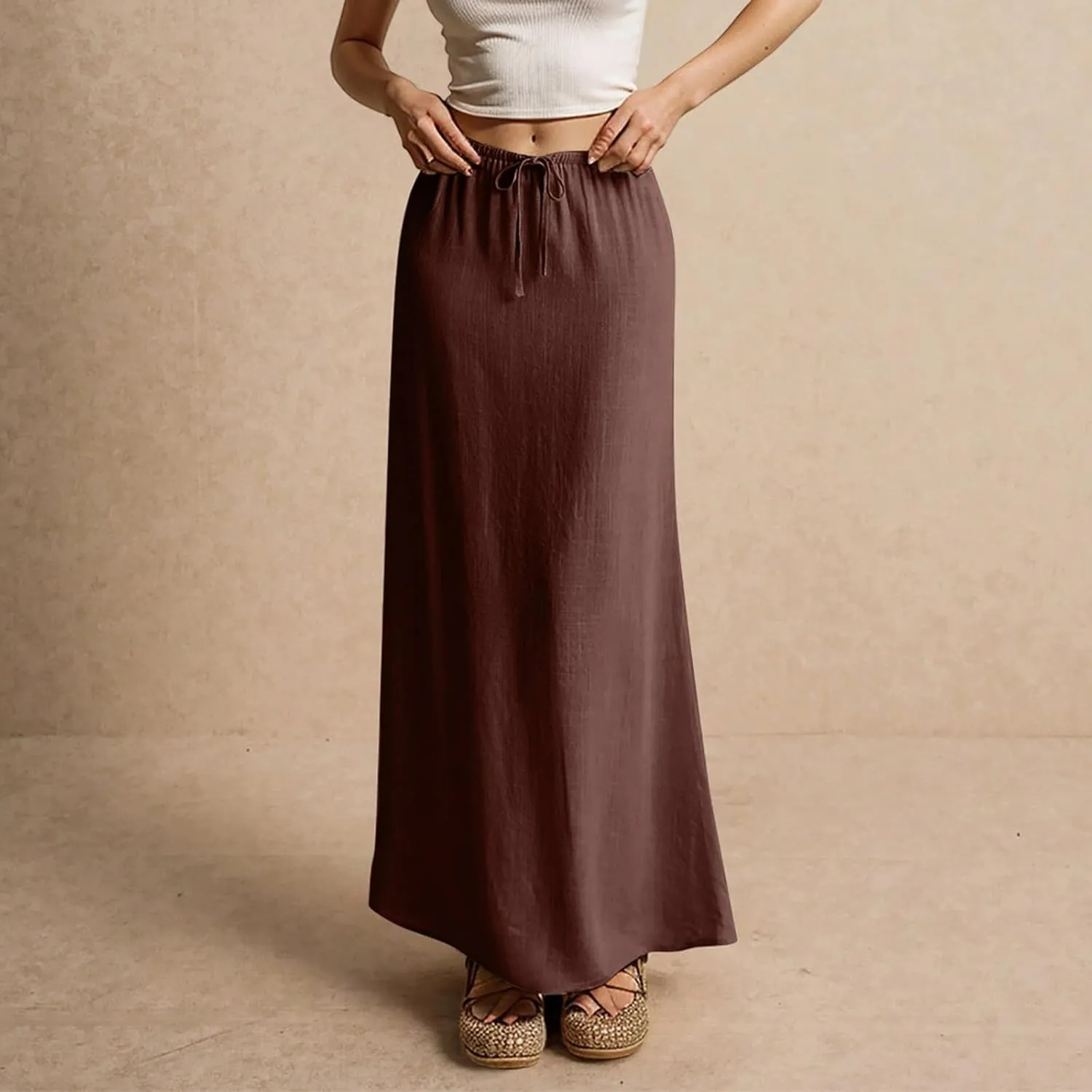 Womens Linen Maxi Skirts Summer Elastic Waist Drawstring A Line Long Flared Skirts Vacation Boho Flowy Skirt