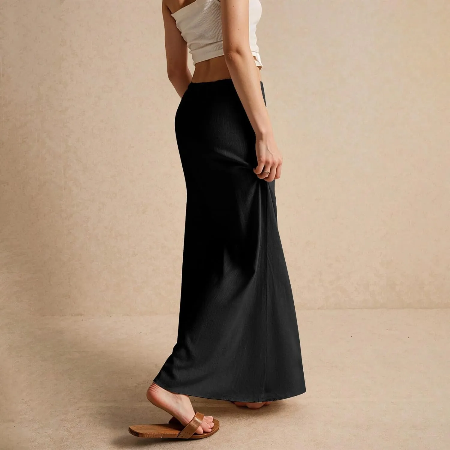 Womens Linen Maxi Skirts Summer Elastic Waist Drawstring A Line Long Flared Skirts Vacation Boho Flowy Skirt