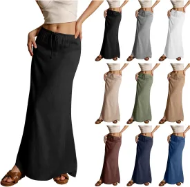 Womens Linen Maxi Skirts Summer Elastic Waist Drawstring A Line Long Flared Skirts Vacation Boho Flowy Skirt